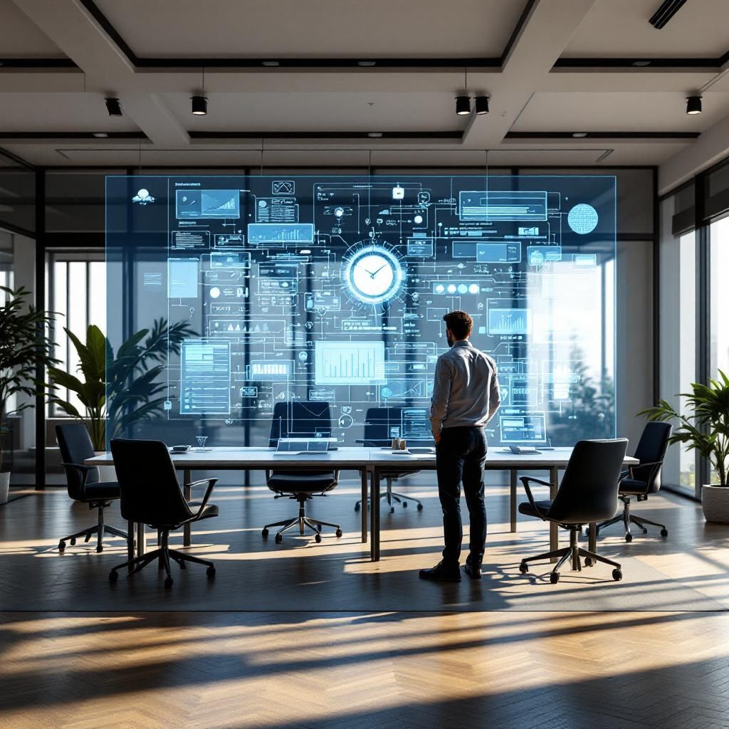 Mit fængende og realistiske billede illustrerer en moderne arbejdsplads, hvor teknologien er integreret i dagligdagen uden at fokusere på mennesker. Forestil dig en scene med en stor, transparent digital skærm eller holografisk projection, der viser komplekse dataflow-visualiseringer, interaktive diagrammer og AI-modeller. I baggrunden er et futuristisk, men håndgribeligt kontormiljø med åbne vægge, moderne møbler og lyse, naturlige lysindfald, hvilket symboliserer et innovativt, bæredygtigt og fleksibelt arbejdsrum, der er præget af daglig anvendelse af avanceret AI-teknologi i offentlig og erhvervssektoren.