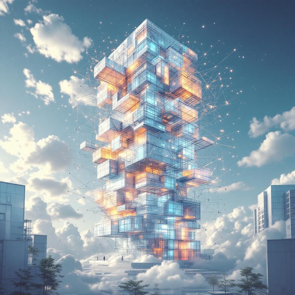 Forestil dig et billede af en moderne byrumsfigur, der symboliserer den transformative kraft af generativ AI i samfundet. I midten står en stor, abstrakt støttestruktur af wireframes og algoritmiske mønstre, der flyder og danser som et net af lysende tråde, der strækker sig ud i omgivelserne. Rødlige og blå nuancer illustrerer både teknologiens ordentlige fundament og dens kreative potentiale, mens de flydende former symboliserer den kontinuerlige læring og udvikling. I baggrunden er en bygningssilhuet med transparente facader, der reflekterer dataflow og digital transformation, og giver en følelse af en dynamisk, forbundet verden. Dette motiv fanger essensen af, hvordan generativ AI integreres i det virkelige miljø – som en underliggende kraft, der former og forbedrer samfundets funktioner med præcision, transparens og effektivitet.