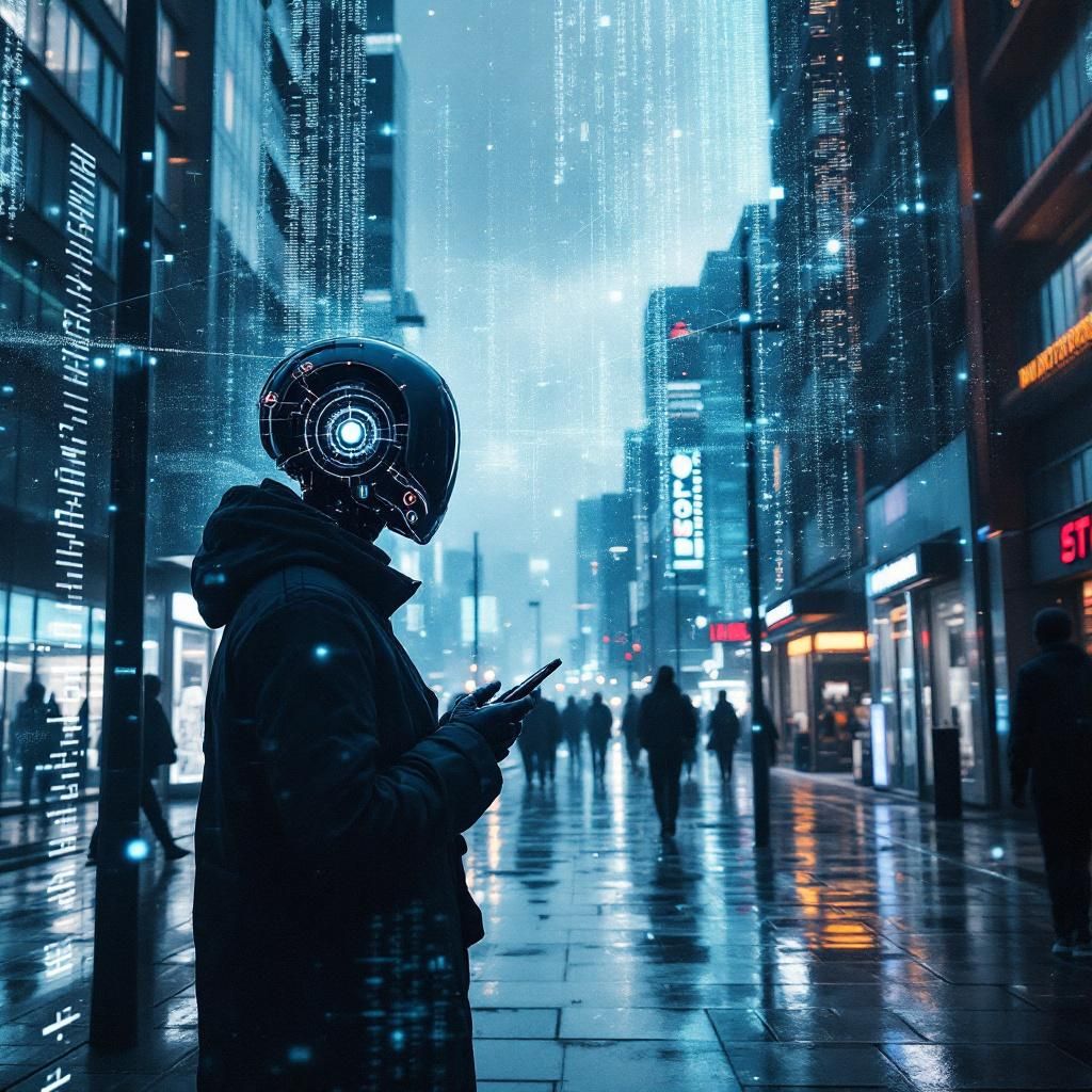 Forestil dig et dokumentarisk, realistisk billede, der visuelt repræsenterer den transformative kraft af generativ AI i samfundet i 2025. Billedet viser en travl, moderne byscene, hvor avancerede datainformationer flyder gennem luften som abstrakte, let transparente digitale datastrømme i form af fine, farverige linjer og geometriske mønstre. Disse datastrømme, som symboliserer AI’s evne til at skabe og formidle ny viden, bevæger sig gennem offentlige rum, over bygninger, brosten og mennesker i ikke-centrale funktioner – som for eksempel en street artist, der maler med digitale pensler, eller en borger, der betragter en digital informationsskærm, der projicerer data i luften. Lyset i billedet er neutralt, men med subtile bløde nuancer, der fremhæver harmonien mellem teknologi og hverdag, uden at skabe en futuristisk sci-fi stemning, men snarere en realistisk og nærværende visualisering af data-drevne samfundsforandringer. Dette billede understreger, hvordan generativ AI fungerer som en usynlig, men alligevel