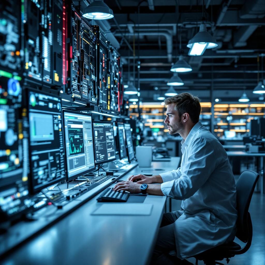 Det mest fængende og spændende dokumentaristiske billede, der passer til emnet i den sidste tredjedel af artiklen, kan visualisere en moderne innovationslaboratorie- eller forskningsmiljø, hvor små, effektive AI-modeller som TRM udvikles og testkøres. Forestil dig et bredt, realistisk miljø med forskere og ingeniører i arbejdstøj, der analyserer data og overvåger maskiner, hvor de små, slanke servere og hardwareenheder er centralt placeret og symboliserer effektivitet og lavt energiforbrug. Billedet fokuserer på de subtile, avancerede teknologiske detaljer – LED-indikatorer, grafiske skærme med komplekse protokoller, og en atmosfære præget af ro, præcision og innovation, uden at inkludere mennesker direkte i fokus. Dette illustrerer, hvordan banebrydende AI-teknologi kan integreres i nutidens virkelighed, i et miljø hvor design, funktion og ressourcestyring spiller hovedroller, og hvor små modeller revolutionerer feltet.