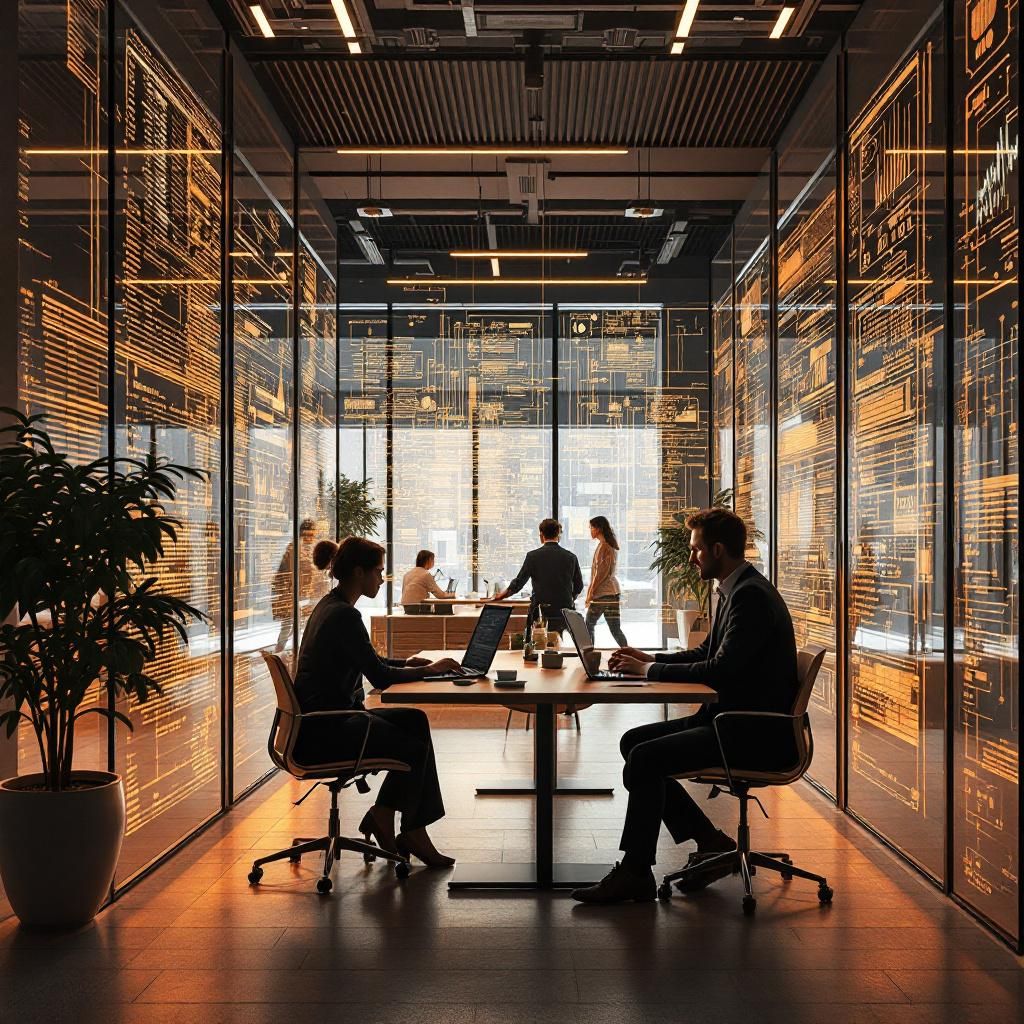 Mit kreative billede til artiklen om AI’s indtrængen i forretningskommunikation vil fokusere på en dokumentaristisk, realistisk scene, hvor abstrakte teknologiske koncepter integreres i dagligdagen uden at vise mennesker direkte ved computere. Forestil dig et moderne, stilfuldt kontormiljø, hvor store, transparente vægge er fyldt med holografiske eller digitale informationsbilleder: pulserende datastrømme, komplekse diagrammer og visuelle repræsentationer af AI-algoritmer, der flyder og breder sig som letflydende, organiske former. Disse data-visualiseringer er indlejret i omgivelserne, hvilket symboliserer, hvordan AI integreres i erhvervslivets rutiner og strategier, uden at konkretisere mennesker, kun antyde deres tilstedeværelse gennem aktiv anvendelse af teknologien. Det er et øjeblik, hvor den avancerede teknologi er en del af et naturligt arbejdsmiljø, hvor struktur, dataflytning og automatisering danner rammen om dagligdagen. Billedet skal formidle den abstrakte kraft og dybde af AI’s virkning på vir