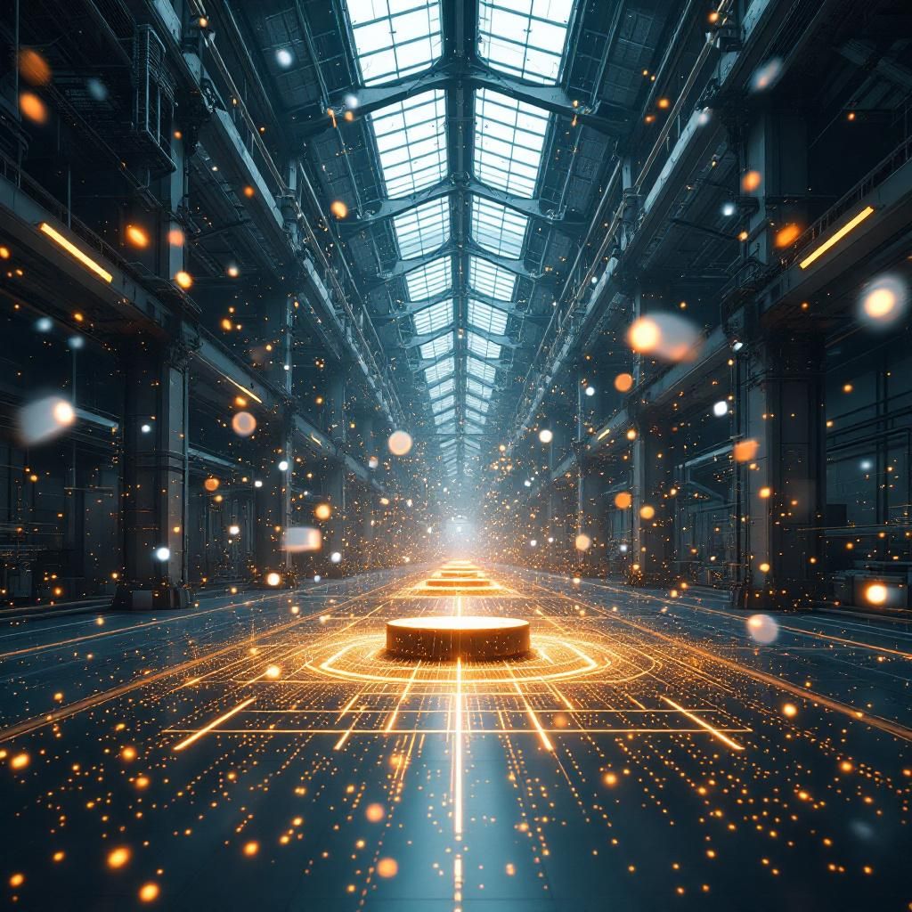 Forestil dig et fotografi af en moderne, industrielt inspireret produktionshal, hvor lysende datastrømme flyder gennem luftens carbide-gulv og vægge, og symboliserer AI’s dynamiske netværk. I midten står en stor, abstraheret struktur af skinnende, glatte materialer, der minder om et futuristisk, organisk netværk, der repræsenterer en avanceret AI-platform. Denne struktur er omgivet af minimalistiske, transparente displayenheder, der viser flydende, kodede data og grafer, som illustrerer den komplekse proces med automatisering og præsentationsoptimering - alt uden menneskelige figurer, kun teknologien i sin rene, funktionelle form. Atmosfæren er præget af en kombination af kølig, industriel æstetik og subtil farvebelysning, der fremhæver strukturelementerne, og skaber en følelse af innovation og kraft. Dette billede visualiserer teknologien som en integreret del af nutidens forretningsunivers, hvor data og algoritmer arbejder bag kulisserne for at effektivisere komplekse processer uden synlige menneskelige in