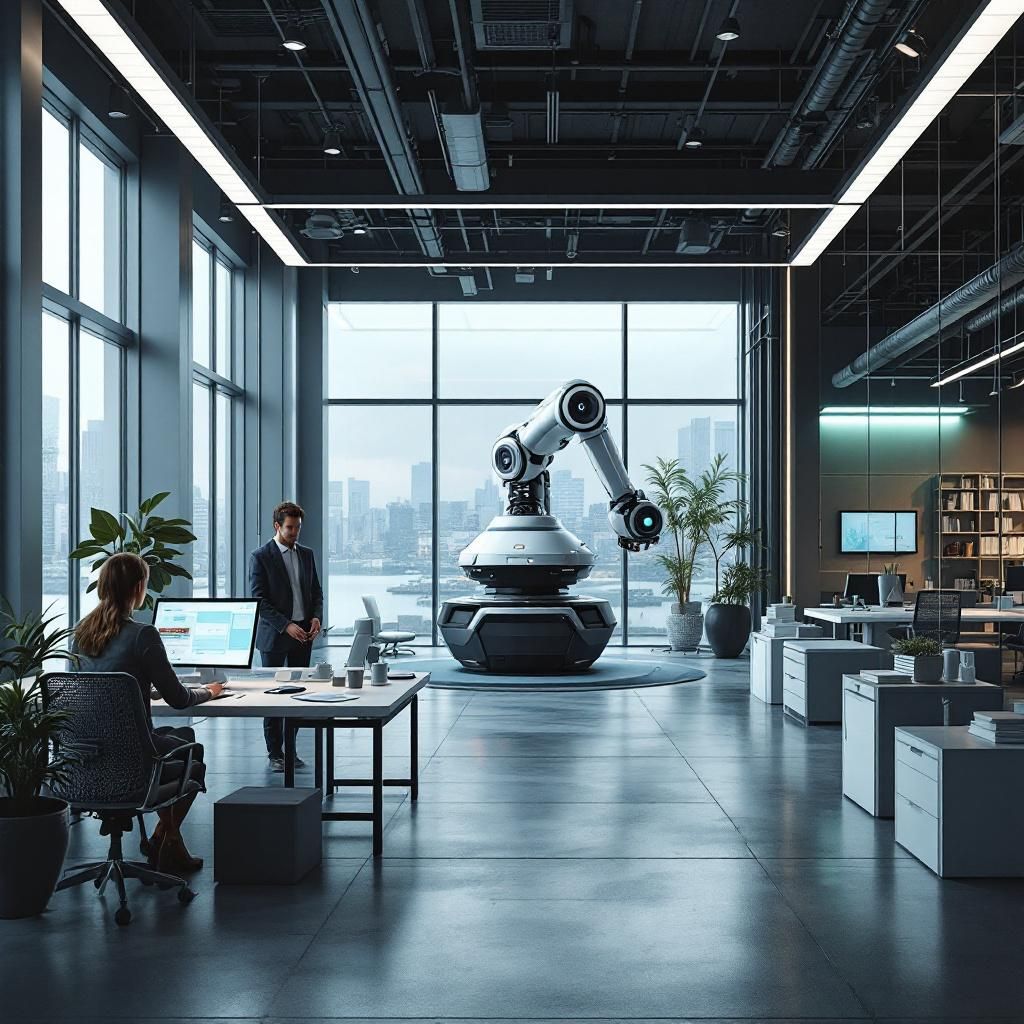 For at skabe et fængende og inspirerende billede, vil jeg fokusere på en dagligdags, men alligevel symbolsk situation, der illustrerer AIs indflydelse i nutidens samfund uden at bruge sci-fi elementer eller personfigurer. Forestil dig et realistisk foto taget i en moderne kontorbygning, hvor den centrale del er et værktøj eller en avanceret enhed – eksempelvis en stor, æstetisk robotarm eller en sofistikeret maskine, der er integreret i en administrativ eller produktionsproces. Det kan ses som en abstrakt repræsentation af AI, der støtter menneskelige arbejdsprocesser, uden at personen er i fokus — fx en hånd med en tablet eller en digital skærm, der viser dataoverførsel, algoritmer eller grafikker, omgivet af en opløftende, naturlig atmosfære med dagslys, planter og moderne bygningselementer. Billedet skal formidle den konkrete virkelighed af AIs tilstedeværelse og dens praktiske anvendelse, for eksempel en maskine, der assisterer med at sortere dokumenter eller optimere arbejdsflowet i en høj