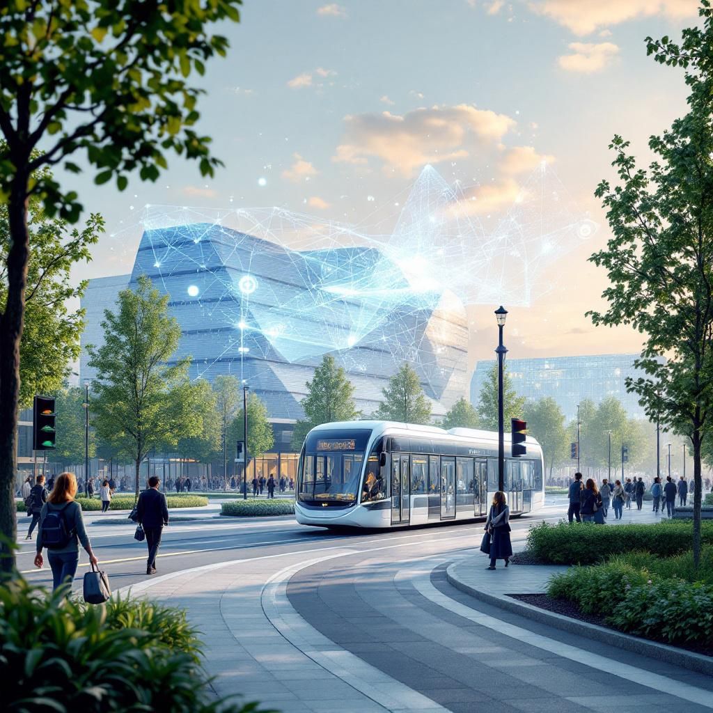 Billedet viser en almindelig bysigt i en moderne, urban miljø, hvor teknologien er integreret i hverdagen gennem subtile, men kraftfulde symbolske elementer. Et central motiv er en spejlvæget, transparent bus, der glider lydløst gennem en bred gågade, omgivet af livlige fortove fyldt med mennesker i naturlige, afslappede positurer. Over bussen svæver holografiske skærme, der visualiserer komplekse dataoverførsler, som symboliserer den måde, AI og dataintegration er blevet en ubemærket, men essentiel del af det daglige liv. I baggrunden ses et stort, modernistisk bygning med elegante linjer og store vinduer, der antyder en arbejds- eller kontorbygning, hvor teknologien arbejder hånd i hånd med den menneskelige aktivitet. Lysets spil skaber en kontrast mellem naturligt dagslys og de bløde, farverige LED-lys fra hologrammerne og gadebelysningen. Farverne er afdæmpede, men med en præcis nuance af blå, grøn og gul, som understreger en harmonisk sameksistens mellem teknologi og miljø. Atmosfæren er præget af ro, f