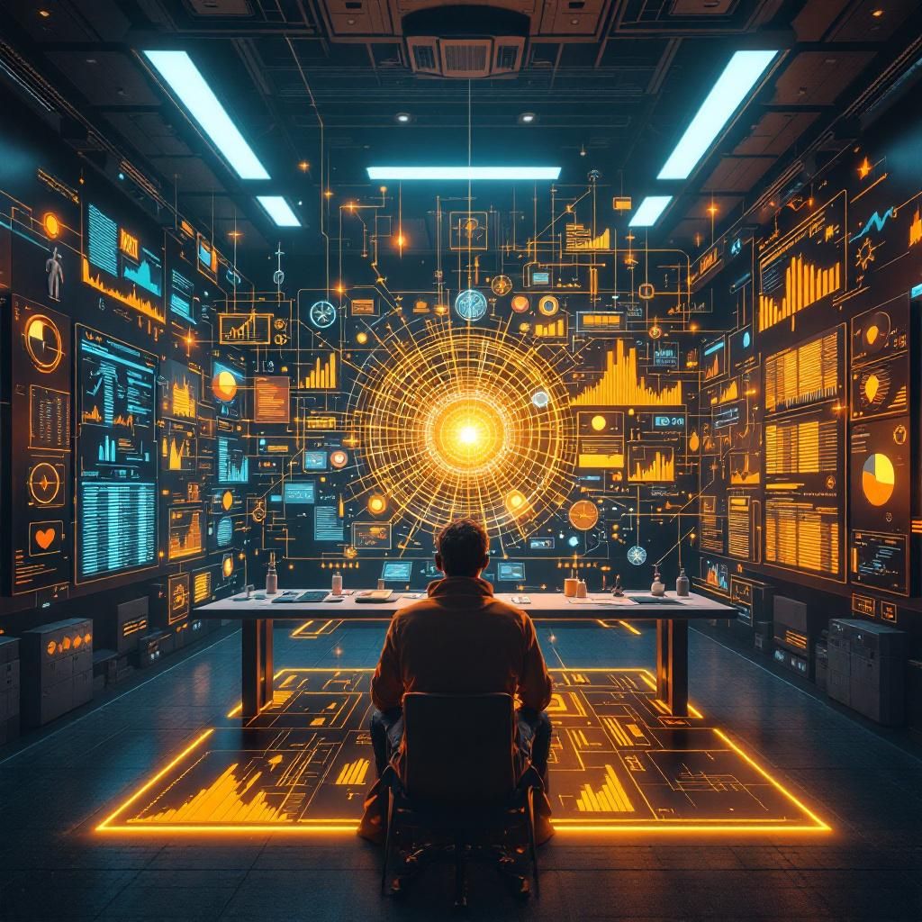 Mit billede til artiklen om AI, der lærer at tænke før den handler, vil være en dokumentaristisk og realistisk scene, der visualiserer det abstrakte koncept om strategisk tænkning i kunstig intelligens gennem et håndgribeligt miljø. Forestil dig en moderne laboratorie- eller datahall, hvor store, flade skærme danner et omfattende digitalt
