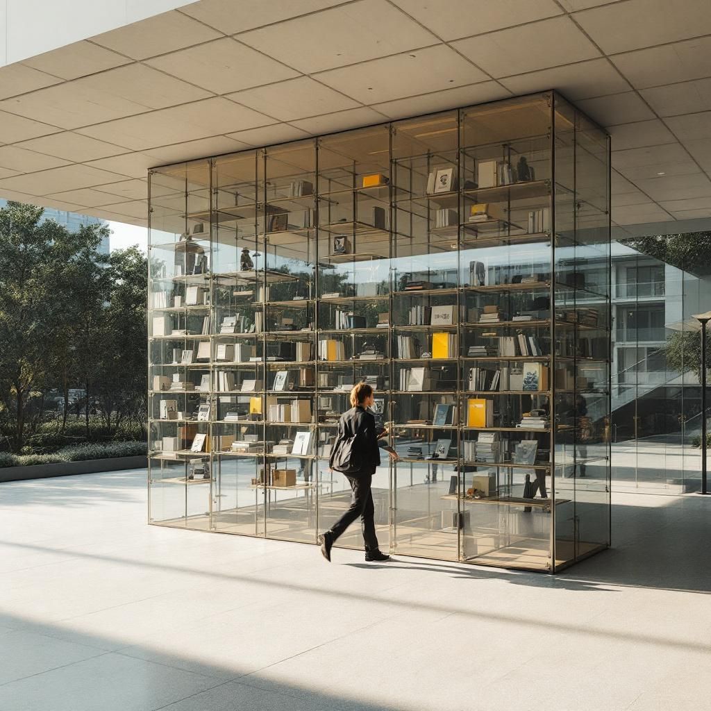 Forestil dig et realistisk, dokumentarisk foto taget i en moderne, urban parkinteriør, hvor hverdagens miljø er tydeligt præget af teknologiens tilstedeværelse, men uden futuristiske elementer. I midten står en stor, minimalistisk struktur lavet af genanvendte materialer, der symboliserer hukommelse og lagring: en serie af sammenvævede, organiserede og transparente beholdere eller bokse, fyldt med små, farverige notesbøger, diktafoner og 'digital' lagring, som repræsenterer bl.a. AI’s udfordring med hukommelse. Disse elementer er placeret på en pudset træplatform, med omhu arrangeret for at illustrere åbenheden og kompleksiteten i datahåndtering, samtidigt med en følelse af orden og struktur. Omkring strukturen er en gruppe mennesker i naturlige, afslappede posesituationer, der trækker på deres telefoner eller noterer i blokke; ingen ser direkte på kameraet, men de virker fokuserede på teknologiens – eller hukommelsens – betydning i nutidens samfund. Det naturlige dagslys skaber bløde skygger, og miljøet i