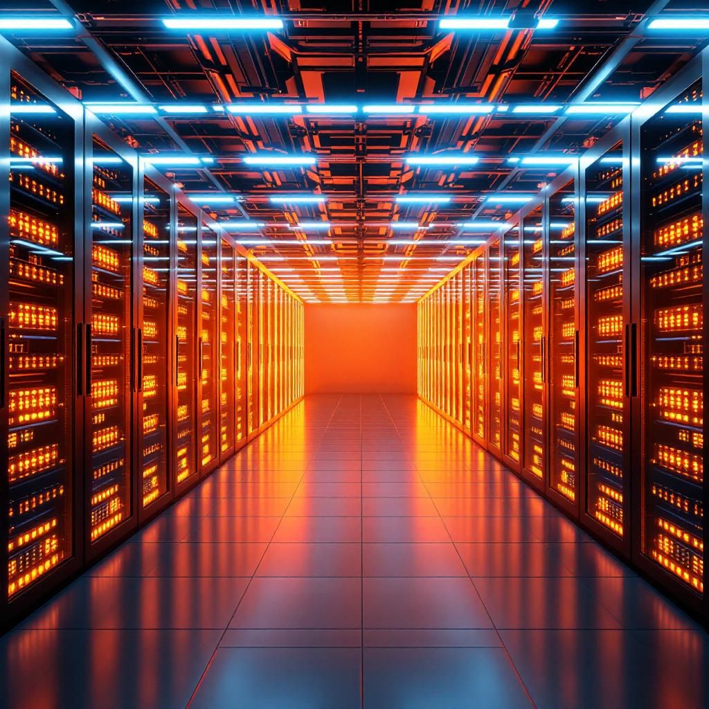 Forestil dig et hyper-realistisk foto taget i et moderne datacenter, hvor komplekse lag af etagebalancerede datalagre og præcise, symmetriske kabelføringer danner et abstrakt netværk af informationsstrømme. Midt i billedet står en stor, funktionelt udseende serverrack, der symboliserer kraften bag data normalisering: en fysisk manifestation af præcise, balancerede dataflow. Under lyset fra kolde, blå LED-lamper, reflekterer kabinetternes glatte metaldelene en symfoni af struktur, orden og kontrol, hvilket understreger vigtigheden af at bringe data ind på en ensartet skala for at understøtte pålidelige maskinlæringsmodeller. Rundt om den centrale server, ses mystiske, næsten elektriske lysstrømme, der bevæger sig gennem kabler og serverrækker, hvilket visualiserer de abstrakte data, der normaliseres og transformerers i realtid. De subtile skift i lysintensitet og farvetemperatur formidler en følelse af omsorgsfuld kontrol og præcision, hvilket illustrerer det fundament, som korrekt datahåndtering udgør for a