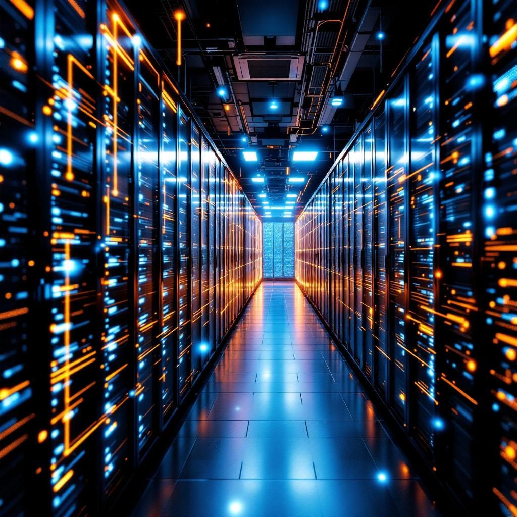 Mit billede vil fokusere på en realistisk, dokumentaristisk scene, der visualiserer den komplekse og fleksible struktur af ROMA-frameworket i et nutidigt, high-tech miljø. Forestil dig en stor, moderne datacentral med rækker af server racks og avanceret netværksinfrastruktur, hvor tydelige, transparente datastrømme visualiseres som subtile, flydende neon-linjer i forskellige farver, der dermed symboliserer den hierarkiske, rekursive task-arkitektur. Disse linjer snor sig gennem environmentet i en organiseret, men dynamisk måde — måske med nogle af dem, der mere abstraheret repræsenterer dataflow og samarbejde mellem systemer, uden at inkludere mennesker direkte. Det er et look, der understreger gennemsigtighed, kontrol, og integration gennem imponerende, realistiske lys- og farvekombinationer, der fremhæver den digitale kompleksitet i en tydelig, men ikke overdrevet futuristisk stil. Billedet skal antyde en verden i balance mellem teknologi og bæredygtighed, hvor data flyder rent og tydeligt, og hvor system
