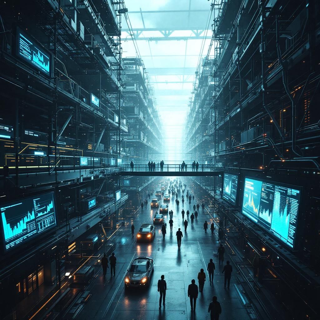 Mit billede tager udgangspunkt i en dokumentaristisk, realistisk repræsentation af AI-teknologiens dybe indflydelse på nutidens samfund, uden at anvende sci-fi elementer eller menneskelige figurer. Det forestiller en moderne, urban hverdagsscene gennem et fugleperspektiv: et hævet udsyn over en stor datacenterpark, hvor tumult af kabler, servere og blinkende LED-lys symboliserer den uhyre kraft og kompleksitet bag AI-infrastrukturen. Lige foran ses den indhyldede indgangsportal, hvor store, transparente skærme viser grafer og dataudstrømninger, der repræsenterer den enorme strøm af information og beslutningskraft, der flyder gennem systemerne. Det naturlige lys filtreres gennem høje glasfacader, der spejler den pulserende by bagved, hvilket understreger, hvordan AI’s fysiske fundament er indlejret i vores daglige miljø. Dette foto illustrerer på den måde AI’s uanset hvor at være – en usynlig, men grundlæggende del af nutidens infrastruktur, hvor dens enorme potentiale bliver synligt gennem dens fysiske mani