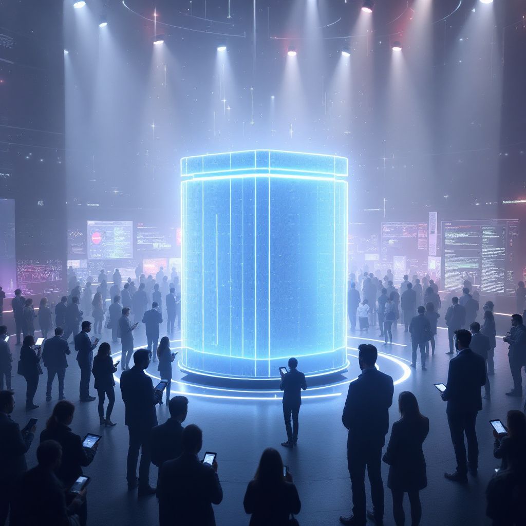 Mit billed forsøger at formidle den brede, komplekse og kraftfulde effekt, som Nvidia’s AI-investeringer og -innovationer har i den aktuelle globale teknologi-økosystem. Det viser en realistisk nutidsscene med en stor, åben messehal, hvor et centralt fokus er en futuristisk, minimalistisk AI-supercomputer, der symboliserer Nvidias teknologiske dominans. Omkring den ses en mangfoldighed af mennesker fra forskellige brancher og baggrunde, der forskelligt engageret studerer og interagerer med teknologien gennem mobiltelefoner, tablets og visuelle data, hvilket fremhæver den globale spredning og anvendelse af AI. Billedet bærer præg af aktivitet, nysgerrighed og innovation, med en subtil understregning af den højteknologiske og samfundsmæssige betydning — alt præcist dokumentaristisk uden at dramatisere eller overdrive, men med en klar fokus på teknologiens nutidige og fremtidige potentiale .