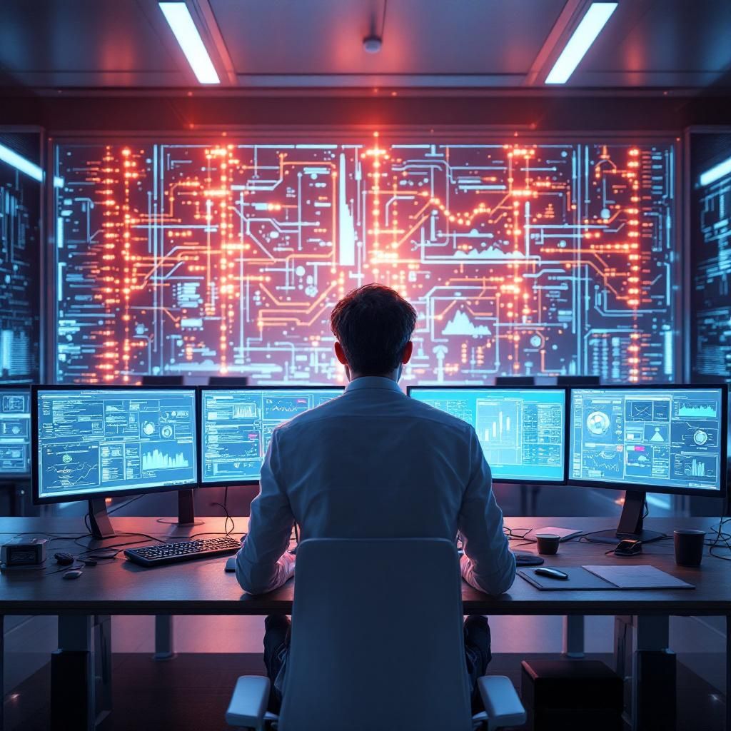 Mit foretrukne billede til denne artikel er en realistisk, dokumentarisk skildring af et moderne, nytidigt miljø, hvor teknologi i dagligdagen har en dybtgående effekt på samfundet. Forestil dig en bred, detaljérig optagelse af en energisk simulations- eller datacenter-operationszone, hvor højteknologiske serverrækker, kabler og complex AI-infrastrukturer er synlige, men uden at fokusere direkte på personer. Vægge er dækket af store, data-analyserende LCD-skærme, og via det subtile spil af lys og skygge fremhæves teknologiens indflydelse på effektivitet, innovation og samfundsudvikling. Billedet viser en hverdag præget af dataflow og systemer, der arbejder i det skjulte, men har en essentiel plads i nutidens liv og erhvervsliv. Dette understreger det pragmatiske, men alligevel banebrydende øjeblik, hvor Nvidia’s AI-indsats er blevet en uundværlig komponent i det globale teknologiske økosystem.