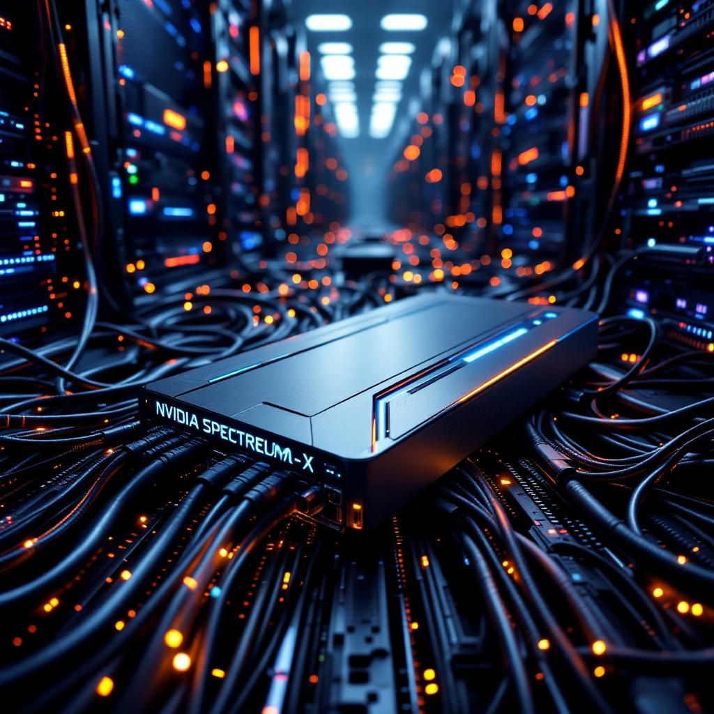 Forestil dig et nærbillede af et moderne, industrielt datacentergulv set fra en lav vinkel, hvor et enkelt, stilfuldt netværksmodul – NVIDIA Spectrum-X – er placeret centralt blandt en kompleks labyrint af kabler og serverbokse. Modulet har avancerede, slanke LED-lysstriber, der skifter subtilt i blå og grønne nuancer, og reflekteres i den polerede metaloverflade omkring det. Omgivelserne er præget af en hamrende aktivitet, men fokus er holdt på modulets elegante design og effektive netværksarkitektur, hvilket symboliserer en kraftfuld, skalerbar og energibesparende infrastruktur, der understreger teknologiens gennemgribende indflydelse på fremtidens datacentre. I baggrunden grønnes og reflekterer glade lys af LED-lys ned over et tætpakket miljø af GPU-, CPU- og netværksbokse, der tilsammen viser et levende billede af en moderne, bæredygtig AI-infrastruktur. Billedet vægter den industrielle æstetik kombineret med det hyperrealistiske fokus på avanceret teknologi, hvilket illustrerer den transformative kraft,