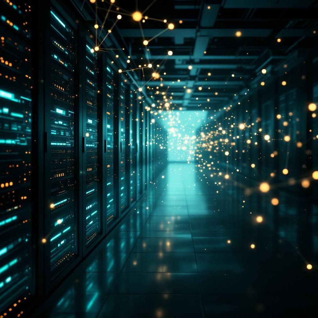 Et nærbillede af en moderne, industrielt udseende dataserverløsning i et højteknologisk laboratoriemiljø, som visualiserer den abstrakte kraft i ML-infrastruktur. Billedet viser en lang række avancerede GPU-noder med indbygget kølesystem og bløde LED-lys, der skifter i nuancer af blå og grøn, hvilket symboliserer dataflow og intensiv databehandling. Superimponeret over maskinerne er et digitalt overlay, der illustrerer komplekse netværksforbindelser i form af glødende linjer og punkt-til-punkt-visualiseringer, hvilket giver en følelse af dyb integreret skalerbarhed og effektivitet. Atmosfæren er præget af en rolig, kontrolleret teknologisk kraft, hvor hvert element fremhæver den avancerede infrastruktur, der muliggør driften af store sprogmodeller uden menneskeligt bliksøgende direkte tilstedeværelse. Dette billede illustrerer eksplisitt, hvordan dagens datacenter-infrastrukturer understøtter de nye frameworks såsom Unsloth, AutoAWQ og SGLang, ved at visualisere dataflow i realtid, strømlinet opbygning og mo