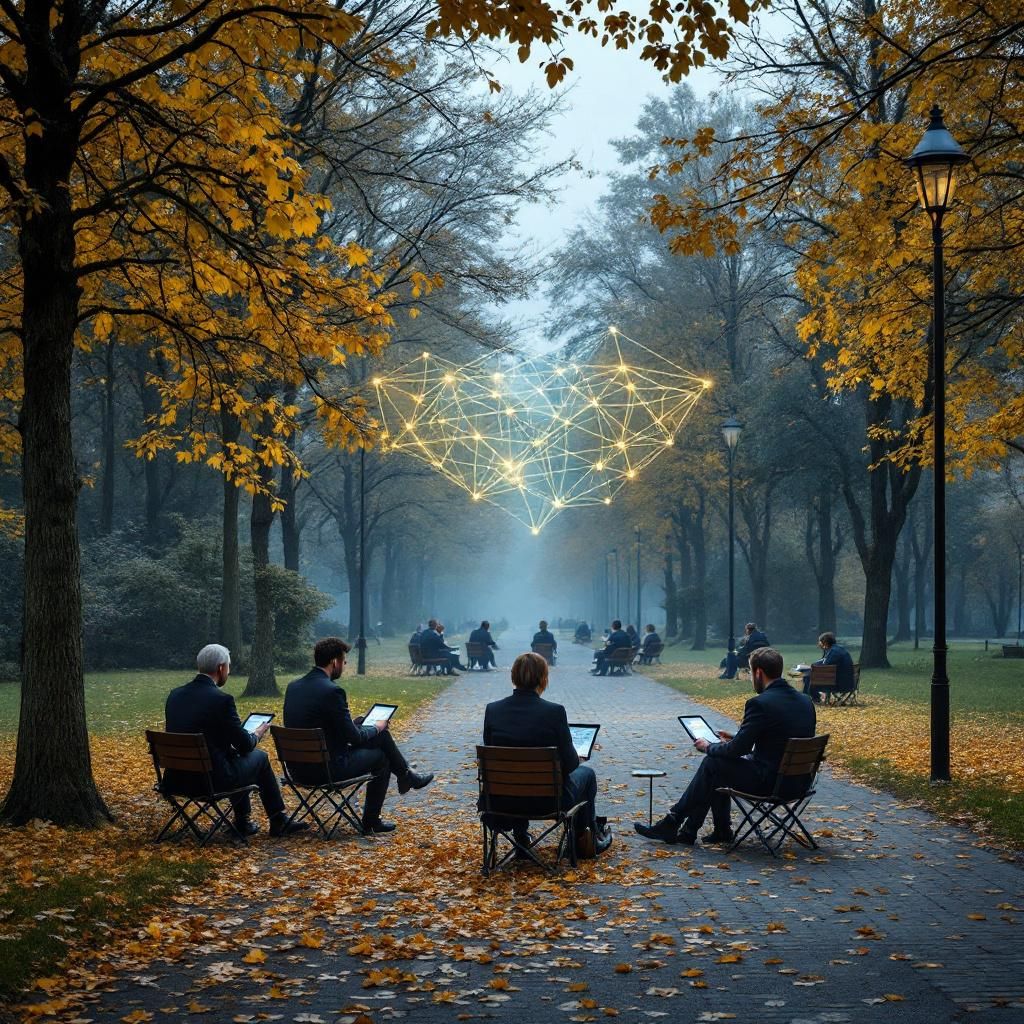 Forestil dig et dokumentaristisk fotografi taget i en moderne, europæisk bypark i efteråret. I midten af billedet står en enkelt, realhistorisk scenarie: En gruppe professionelle i formelle dragter, alle med fokus og koncentration, der sidder på bænkene, mens de nyder en arbejdsfri pause. Rundt om dem, langs stier og under store træer med gule og brune blade, er små tablets og smartphones placeret på små borde, hvor digitale skærme viser grafer og data, der symboliserer AI-integration og digital harmonisering. Over deres hoveder hænger en stor, transparent skabsstruktur, der er formet som en netværksmodel af forbundne punktet og linjer, hvilket antyder den komplekse sammenhæng mellem organisationers datasystemer og automatiseringsplatforme, uden at virke teknisk overvældende. Det er en scenarie, der illustrerer den daglige nødvendighed af sikker, kontrolleret og effektiv AI-integration – et øjebliks ro og fokus i en ellers hektisk digital virkelighed.