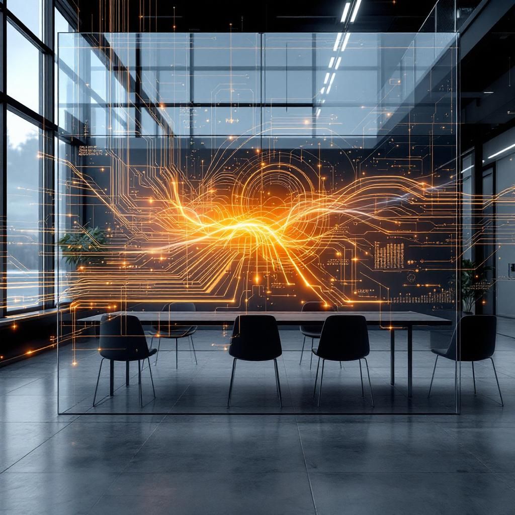 Forestil dig et realistisk, dokumentaristisk foto taget i en moderne, travl virksomhedsdrift, hvor abstrakte kunstneriske repræsentationer af datastrømme og netværksforbindelser fylder scenen. På en stor, transparent skærm vises flydende, farverige linjer af lys, der symboliserer integration og automatisering mellem systemer – de glødende kabler og dataflow skaber en visuel metafor for sikker og problemfri AI-integration. I forgrunden er der et bredt, stilrent kontormiljø uden synligt personale, hvor det minimalistiske design og de organiserede, digitale