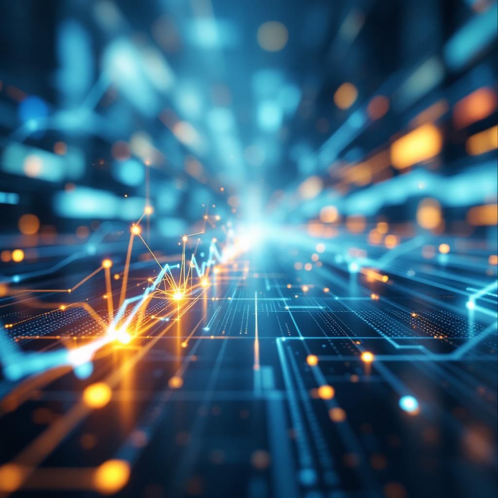 Billedet viser en nærbilledestil af en stor, moderne produktions- eller kontorplatform, hvor en væg af dynamiske, farverige data- og grafvisualiseringer er projiceret. I fokus er et struktureret, abstrakt netværk af lysende linjer og cirkler, der symboliserer dataflyd og AI-agenters komplekse interaktioner inden for et cloud-infrastrukturmiljø. Disse visuelle elementer er afbildet uden mennesker, men med tydelige referencer til det teknologiske økosystem: kabler, servere, og frontpaneler med pulserende lys, der illustrerer real-time datahåndtering, sikkerhed og compliance. Farvepaletten er præget af blå, grøn og lilla nuancer, hvilket signalerer avanceret teknologi, pålidelighed og innovation. Omgivelserne er et futuristisk, men realistisk miljø, der minder om et avanceret data-center, hvor de abstrakte, lyse data- og netværksstrømme flyder gennem store glas-paneler og ultramoderne infrastruktur. Atmosfæren er stille, men energifyldt med en følelse af aktivitet, sikkerhed og skalerbarhed, hvor visualiseringe