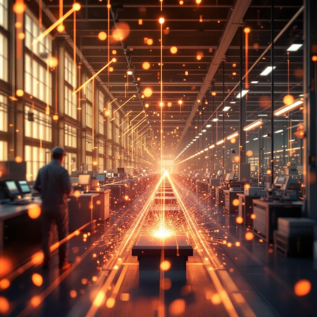Mit mest fængende og realistiske billede, der bygger på abstrakte repræsentationer af emnet, vil jeg visualisere en stor, industriel produktionshal, hvor AI-systemer og dataflows tydeligt er integreret i det fysiske miljø uden at fokusere på mennesker. Forestil dig en scene med brede, organiserede arbejdsstationer med avancerede maskiner, der er omgivet af flydende, lysende datastreams i form af laser- eller LED-strenge, der bevæger sig i koordinerede mønstre og antyder en effektiv automatisering inden for produktionen. Billedet visualiserer hele processen som en symfoni af data, hierarkisk struktur og optimering, hvor AI-agenter opererer som usynlige men essentielle koordinerende kræfter, illustreret gennem flydende lysbånd og grafiske visualiseringer på skærme, der flyder gennem rummet og forbinder systemerne i en harmonisk helhed. Dette motiv vil give en dokumentarisk, realistisk følelse af, hvordan AI-agenter er integreret i den virkelige produktion uden at afbryde den menneskelige dimension,