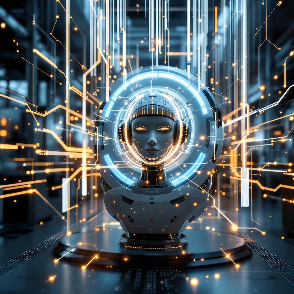 Jeg vil skabe et dokumentaristisk, realistisk billede, der abstrakt visualiserer integrationen og indflydelsen af AI-agenter i produktionsmiljøer uden at bruge mennesker. Billedet forestiller en moderne, futuristisk produktionshal eller kontormiljø, hvor slanke, transparente datainfrastrukturer flyder som lystråde gennem rummets rum, symboliserende data-, workflows- og AI-flow. I midten står en minimalistisk, højglanssort, futuristisk maskine med indbygget LED-belysning, der skifter farve i takt med flowet af information, som visualiserer en slags digital strømning gennem systemet. Rundt omkring er der symbolsk visuelle elementer af sikre datavalideringsproces, som digitale skjold og låse, og mikrovideospænd, der viser data, der bevæger sig gennem cloud-infrastrukturen, hvilket figurativt fremhæver skalerbarhed, sikkerhed og compliance. Baggrunden er en effektfuld, men nøgtern scene med fine linjer, der illustrerer netværksforbindelser, og strukturer, som forestiller et avanceret eller intelligent økosystem.