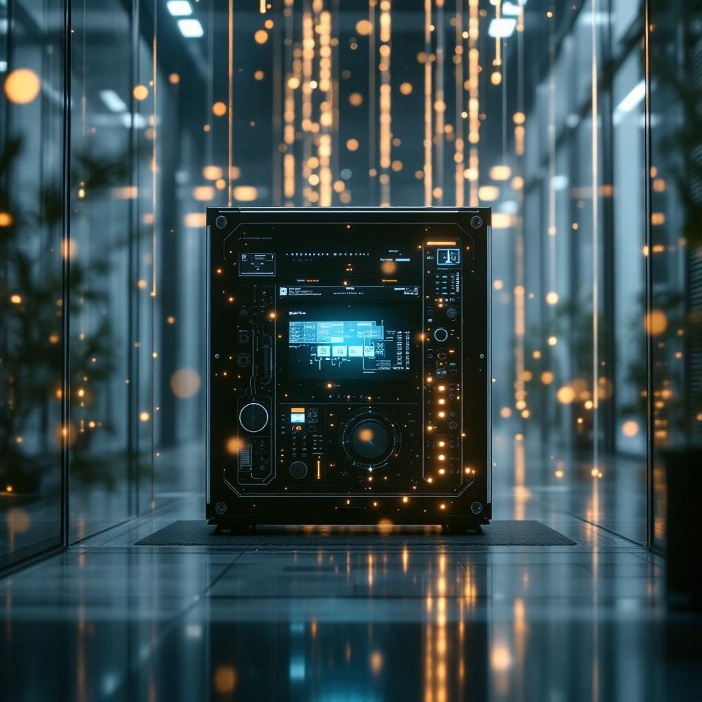 Forestil dig et billede, der åbner en bred, industriel datasal, hvor store, transparente beholdere er fyldt med flydende data, der glider sammen i elegante, organiserede strømme og vævede mønstre. Stilistisk er det et realistisk og dokumentaristisk capture, hvor lyset er køligt, blåligt, og reflekterende, hvilket understreger det teknologiske miljø. I midten, uden mennesker, men omgivet af de flydende strømme, står en kompleks, modular maskinklynge – et symbol på moderne maskinlæring – med kabler og LED-lys, der markerer datastyper og funktionaliteter. Flere små skærme på enheder omkring illustrerer visualiseringer: PCA-diagrammer, feature weights og confusion matrices, som flyder som digitale