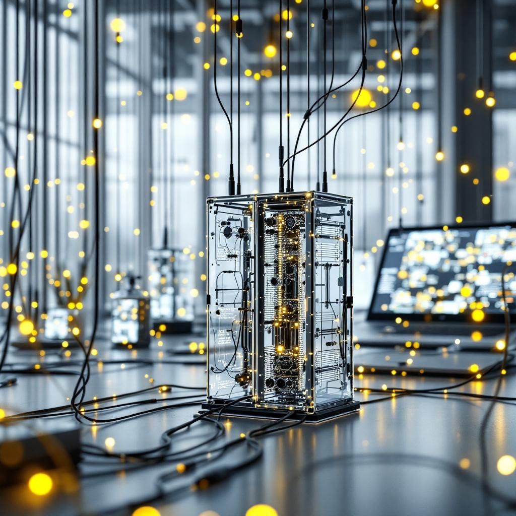 Forestil dig et dokumentaristisk billede taget i en moderne, minimalistisk datasal eller innovationslaboratorium, hvor fokus er på en enkel, men kraftfuld visuel repræsentation af kontrol og tilpasselighed i AI-teknologi. I forgrunden står en række transparente, modulære enheder, der minder om små, elegante server- eller hardware-bakker, med subtile LED-lys, der skifter farve i takt med, at de processerer data. Disse enheder symboliserer tilgængeligheden og fleksibiliteten ved nanochat-projektet, hvor kontrol, tilpasning og datasuverænitet er i centrum. Omkring disse enheder ses spor af kabler, netværk og skærme, der fremhæver et avanceret, men veldokumenteret miljø med fokus på gennemsigtighed og effektivitet. Billedet formidler både den tekniske enkelhed og den omfattende kraft, der ligger i løsningen, uden at bruge mennesker som fokus – det handler i høj grad om selve teknologien og dens anvendelse i det virkelige liv. Baggrunden viser en præget væg eller skærm, der illustrerer dataflows i form af flydend