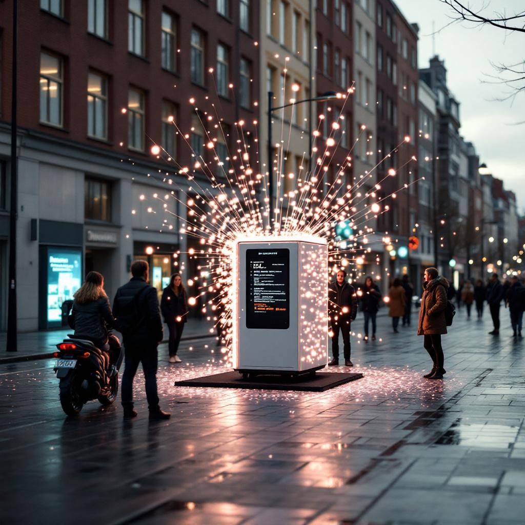 Forestil dig et realistisk, dokumentaristisk billede taget udendørs i en moderne, urban danske setting, hvor det abstrakte møder det praktiske. Midt i et travlt bymiljø står en enkel, men elegant mobil base station med en lysende LED-aktionsløsning, der illustrerer datastreams der flyder som små, synlige pulserende lysbånd. Omkring den er en gruppe lokale erhvervsfolk og forskere, der ser nysgerrigt på, hvor data fra supercomputeren flyder ud i samfundet via en usynlig, men tydelig teknologi, der driver lokal service, offentlig administration og innovation. Bildet symboliserer hvordan avanceret AI kan infiltrere dagligdagen uden at være overdrevent futuristisk, men i stedet som en naturlig udvidelse af nutidens infrastruktur. Den stærke kontrast mellem den slanke, teknologiske enhed og det almindelige urbane miljø understreger, hvordan teknologien bidrager til at styrke borgernes kontrol og datasuverænitet, uden at det er tydeligt eller overvældende—en hverdag højteknologisk, men jordnær.