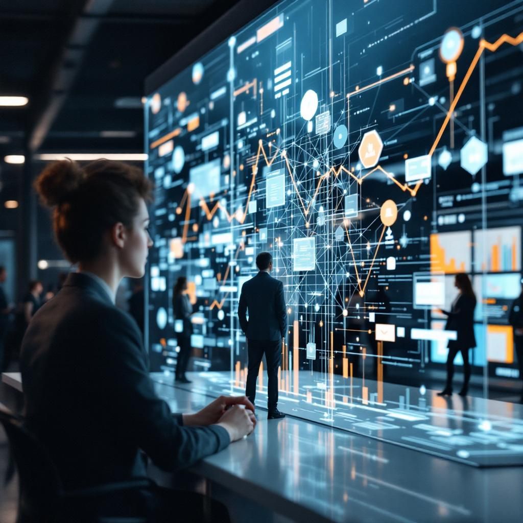 Forestil dig et dokumentaristisk, realistisk billede taget i en moderne arbejdspladsmiljø, hvor en dynamisk scene viser et storskala, digitalt interface, der visualiserer den abstrakte strøm af data og algoritmer, som driver AI-funktionen 