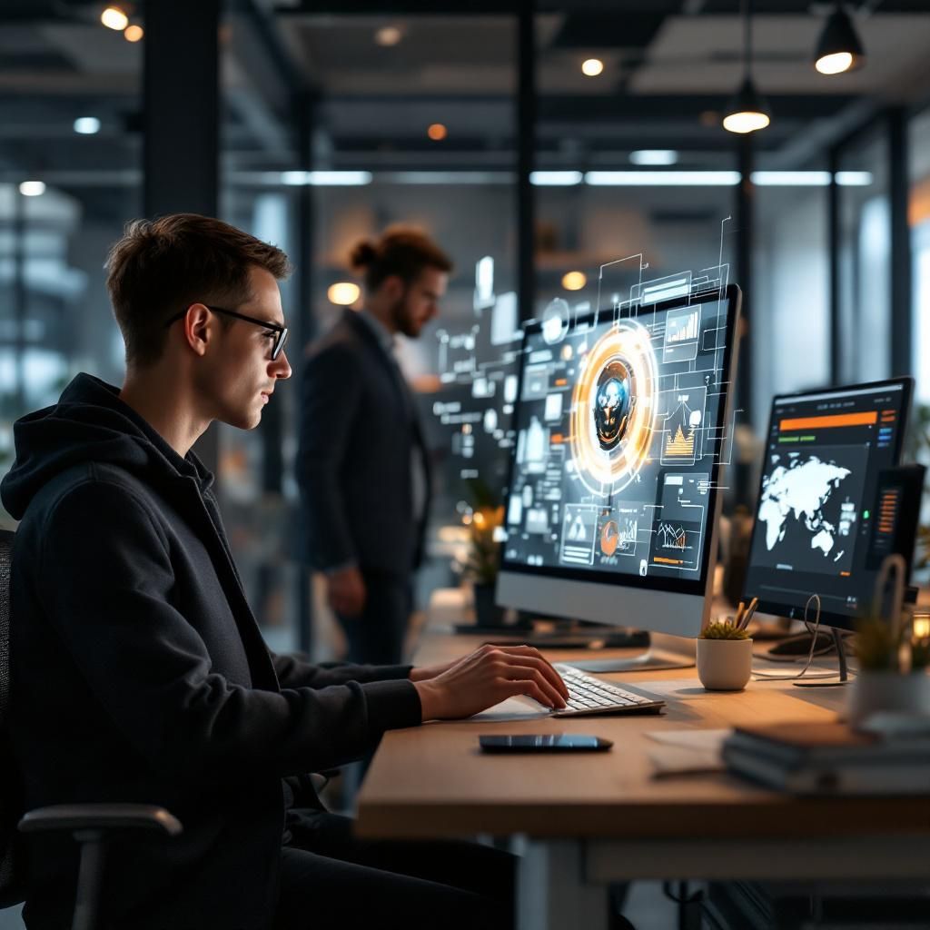 Et realistisk, dokumentaristisk billede, der visualiserer den potentielle effekt af AI-teknologi i en moderne arbejdsplads, kan være et ægte foto af en travl virksomhedskontekst. Forestil dig en dagligdags, dynamisk scene uden mennesker ved computere: En række professionelle indretninger med moderne, minimalistiske arbejdsstationer, hvor små, hoverede digitale skærme viser AI-assisterede systemer, der hjælper med mødeplanlægning og dataanalyse. Skærmene er afbalanceret med subtile, holografiske overlays, der illustrerer ideen om automatisk koordinering og effektivitet uden at kræve direkte menneskelig indblanding — fx en digital kalender, der automatisk fylder sig ud med optimerede tider, eller grafer, der visualiserer forbedret tidsudnyttelse og datasikkerhed. Atmosfæren er rolig, fokuseret, og den naturlige belysning fra store vinduer understreger en åben, innovativ arbejdsstil, hvor teknologi er integreret i hverdagens funktioner, men uden at være påtrængende .
