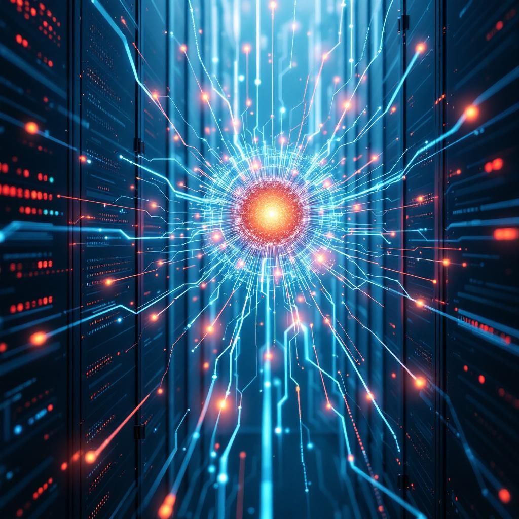 Forestil dig et billed, der fanger essensen af hukommelse og kontinuerlig læring i AI-systemer gennem abstrakte, realistiske elementer. Et tæt skud af en moderne datacenter-aktig struktur fungerer som baggrund, hvor flere lag af transparente, glødende datastremsymboler flyder i luftlaget, som en visuel metafor for binære data og informationsstrømme. I midten ses en stor, central databalise, der ligner et organisk, åndedrætslignende hjerte, med netværksvirkninger, der strækker sig ud til forskellige lag af datainfrastruktur – symboliserende den avancerede hukommelsesmekanisme, AgentCore Memory, der kobler information på tværs af tid og kanaler. Over dette mønster ses subtile visualiseringer af menneskelige og organisatoriske elementer, skitseret som skyggeagtige silhuetter i silhuette, der interagerer med datastreams, hvilket reflekterer det samfundsmæssige og organisatoriske aspekt af teknologien. Det er en realistisk komposition, der illustrerer komplekse datastrømme og hukommelse i AI uden at vise mennes