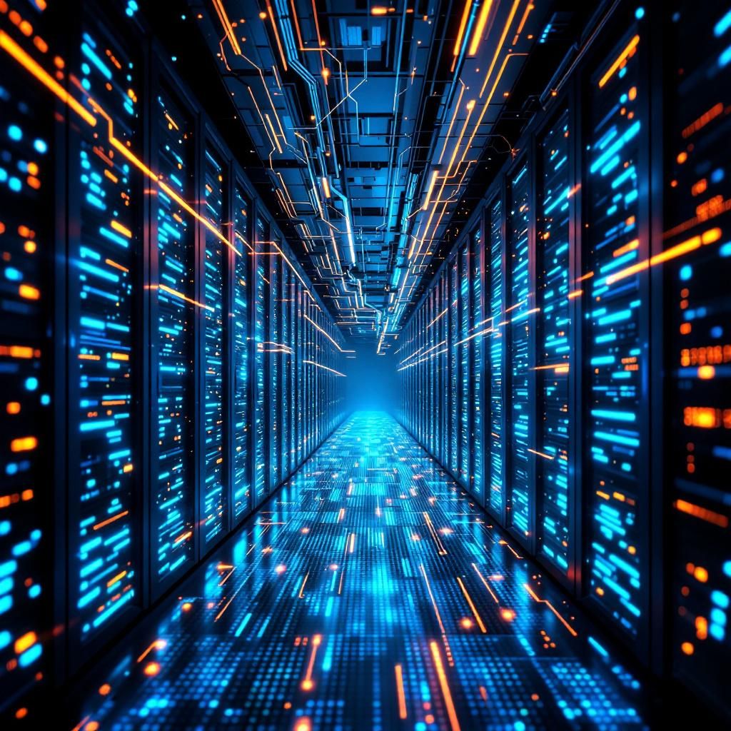 Forestil dig et nærbillede, der fanger den abstrakte dynamik af dataflow og digital energi i et moderne teknologimiljø. Billedet viser en massiv, multifacetteret datacenter-arkitektur, hvor tusindvis af blinkende LED-lys i blå, grøn og orange farver skaber et pulserende netværk, der symboliserer den kraftfulde bearbejdning af information i realtid. Overfladerne er glatte, spejlende, og det hele fremstår som en organisk samling af teknologi og data, der flyder gennem kabler og komponenter med en næsten livlignende energi. Atmosfæren er præget af en hård, men kontrolleret lysstyrke, der formidler både styrke og præcision, uden at blive science fiction-agtig. Dette billede illustrerer den avancerede infrastruktur, der muliggør den maskinlæring og kodning, som er central i artiklens kontekst. I baggrunden ses en stor, holografisk visualisering af et komplekst netværk af AI-modeller og algoritmer, der spredes ud som et mesh af forbindelse, symboliserende hurtige og effektive data- og kodningsprocesser. Atmosfæren