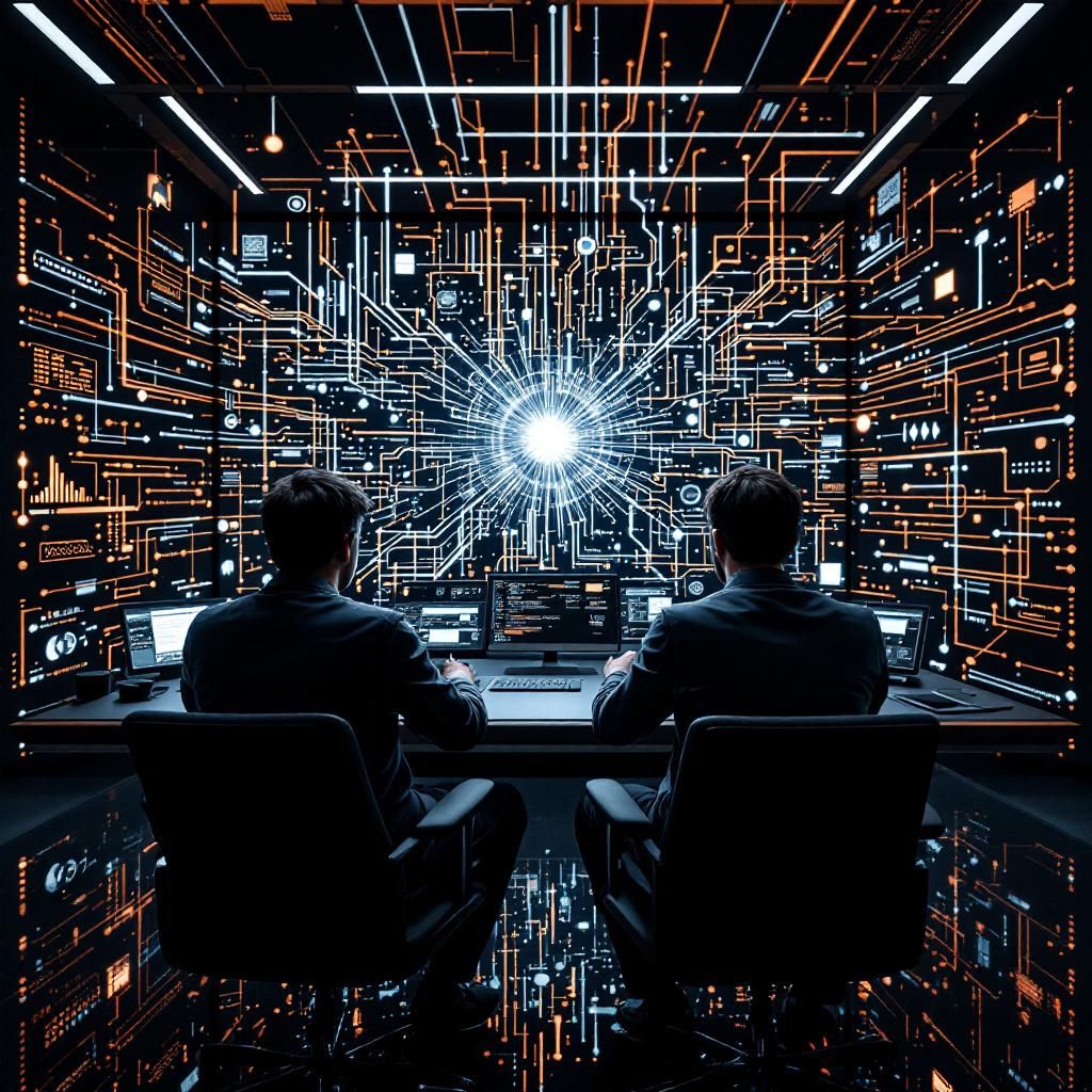 Det mest fængende og spændende foto, der kan illustrere artikelens indhold på en dokumentaristisk og realistisk måde, er et nærbillede af et moderne, high-tech kontrolpanel med abstrakte, dynamiske visualiseringer af datastrømme og AI-processer. Billedet viser en stor, flad skærm, hvor farverige grafer, algoritmer og digitale elementer flyder sammen i en organiseret, men kompleks matrix uden direkte menneskelige ansigter — fx en sort baggrund med lyse, pulserende linjer og geometriske former, der symboliserer databehandling og AIs indre virkemåde. Lyset fra skærmen reflekteres svagt i rummet, som er udstyret med minimalistisk teknologi, og skaber en atmosfære af avanceret, men genkendelig nutidsteknologi, hvor mennesket er en observatør snarere end aktiv deltager. Dette billede formidler på effektiv vis den abstrakte kompleksitet og hastighed, som AI og avanceret databehandling repræsenterer i dagens samfund, uden at vise direkte personale eller kontormiljø. Det understreger teknologiens indflydelse på og i
