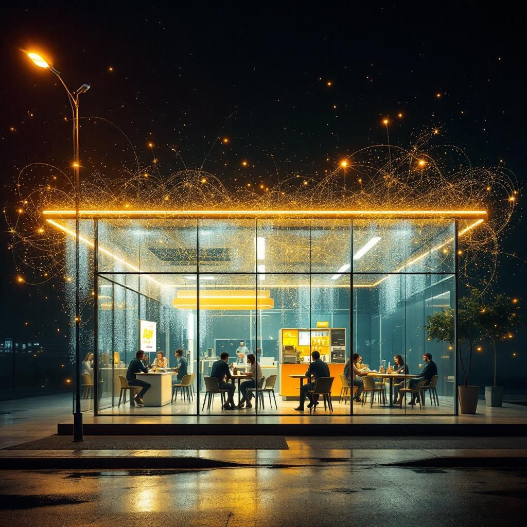 Et fotografi, der visualiserer den abstrakte kraft og kompleksitet af AI-teknologi i en dagligdags miljø, kunne være et nærbillede af en moderne drive-thru-ordretælle, hvor den fysiske struktur er delvist transparent og består af tredimensionelle, flydende datastreams repræsenteret som usynlige, bølgende lysstrømme, der vibrerer i luften. Disse kan symbolisere den avancerede stemmegenkendelse og dataanalyser, der sker i baggrunden, uden at vise mennesker direkte – kun skygger, refleksioner eller subtile bevægelser i miljøet. Det skaber en følelse af, at teknologien integreres problemfrit i hverdagslivet, uden at være high-tech futuristisk, men i stedet dokumentaristisk, realistisk og noget, man kan genkende. En anden mulighed er en højteknologisk, minimalistisk kiosk med en dynamisk, digital menu, hvor lyset ændrer sig i takt med lydniveauer og stemmeinput fra de tilstedeværende, hvilket illustrerer dataudveksling i realtid. Billedet fokuserer på de visuelle effekter af lyd- og lysstyrke i et miljø, hvor tek