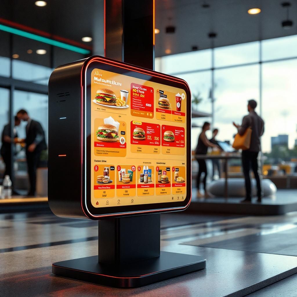 Billedet viser en nærbillede af en moderne drive-thru-restaurant, hvor den centrale figur er en avanceret, stemmestyret automatiseringsskærm monteret ved bestillingsstedet. Skærmen er omgivet af en dynamisk, digital menu, der på skift viser forskellige tilbud, kampagner og præcise produktspecifikationer i realtid, hvilket illustrerer den uafbrudte flow af data og kunstige intelligenser. Atmosfæren er præget af travlhed og effektivitet, hvor lydmiljøet er fyldt med blid støj fra trafik, mens den visuelle teknologi skaber en futuristisk men alligevel realistisk hverdagssituation. Farvekombinationerne på skærmen og lyset skaber en harmonisk kontrast mellem det sorte, minimalistiske design af systemet og de levende, skiftende farver i menuen og data-visualiseringerne. Billedet er taget med et makro-objektiv og en bred dybdeskarphed, hvilket fremhæver detaljerne i det innovative interface samt den omgivelserne travlhed, hvor personalet og kunder er minimalt synlige, hvilket understreger teknologiens centrale roll