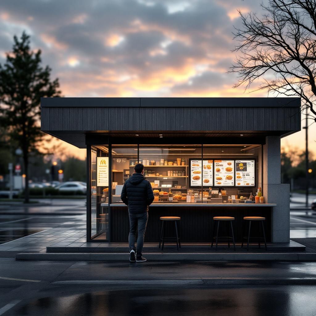 Forestil dig et realistisk, dokumentarisk billede af en moderne drive-thru-restaurant i en travl bysilhuet, taget under spidsbelastning midt i eftermiddagsmylderet. Kameraet er sat op i en lav vinkel, der fokuserer på den teknologi, der styrer bestillingskøen - en avanceret stemmegenkendelses-enhed i en diskret, robust indretning ved siden af menuen. Der er ingen mennesker i billedet, kun det visuelle samspil mellem en dynamisk, digital menu med realtidsopdateringer og en lydabsorberende, støjdæmpende struktur omkring mikrofoner, der er integreret i det urbane miljø. Lysforholdene er naturlige, med skarpt fokus på den digitale skærm og mikrofonen, der udstråler en subtil, blid blå belysning, der forestiller teknologiens rolige præcision midt i et hektisk miljø. Baggrunden fremhæver den pulserende by med reflekterende glasfacader og bevægelige trafiklys, hvilket visualiserer en virkelighed, hvor effektivitet og kundeservice i drive-thru er blevet symfoni af avanceret stemmeteknologi og dynamiske systemer. Det