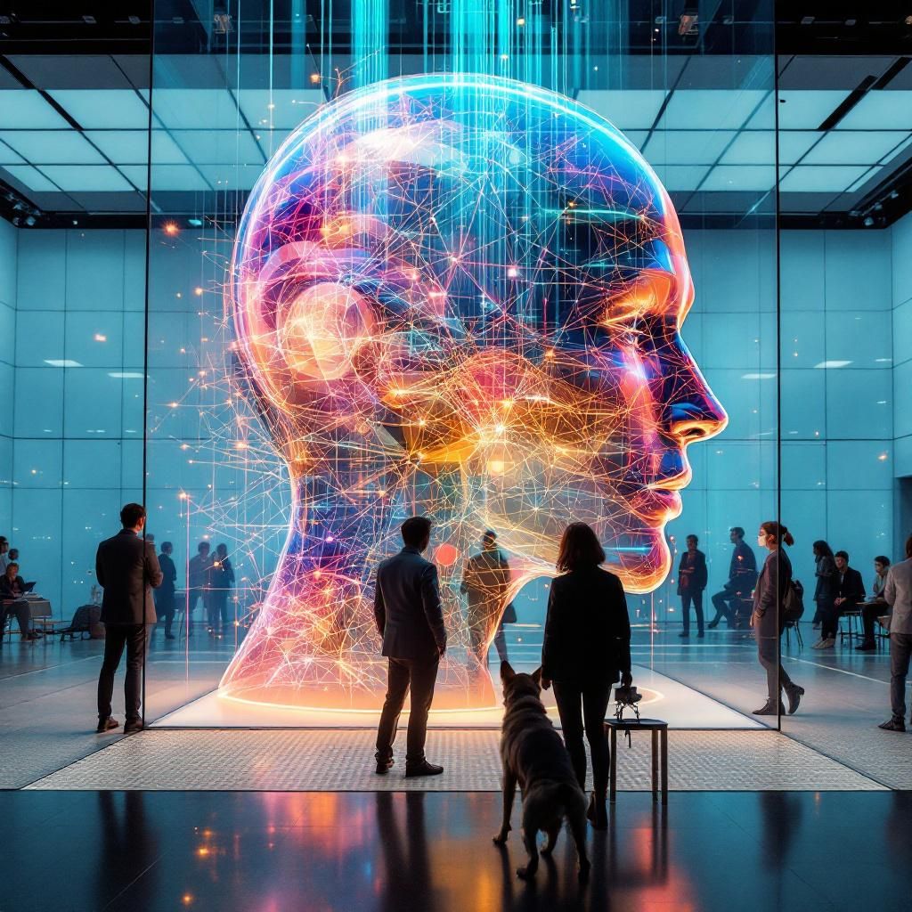 Forestil dig et dokumentaristisk, realistisk foto, der visualiserer den komplekse dynamik mellem menneskelige skabe, maskiner og data i en moderne, højteknologisk kontekst uden at vise mennesker direkte. Billedet fokuserer på en stor, transparent glasskærm, der fungerer som et digitalt kort over et netværk af AI-agenters samarbejde og testscenarier—som abstrakte, flydende grafikker og forbindelseslinjer, der ligner neuronale netværk eller datastreame, der flyder gennem luftige, organiske former. Atmosfæren er præget af blødt, aflangt lys, der reflekterer farver som blå, grøn og orange, hvilket skaber en følelse af avanceret teknologi og kontrol versus kaos, symboliseret ved en rolig, men kompleks dataøkosystem. Billedet formidler et øjebliksbillede af den drømmende balance mellem denne teknologi og de systemer, den overvåger og styrer, hvilket understreger vigtigheden af præcis QA i en verden, hvor AI-agenter bliver stadig mere autonome og komplekse.