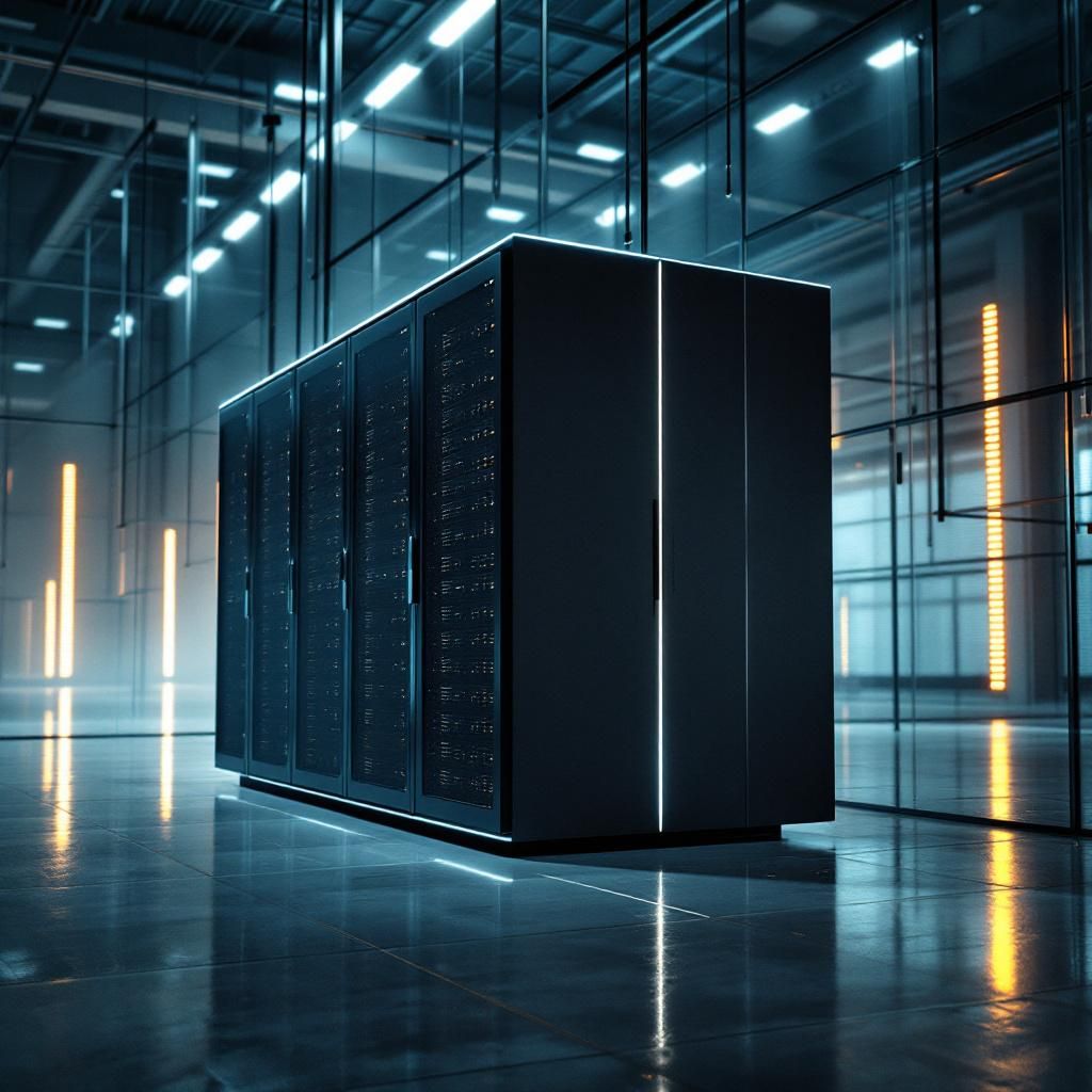 Forestil dig et dokumentaristisk billede, der viser en moderne, industrielt inspireret scene i en stor, velbelyst hal fyldt med teknologisk aktivitet. I midten står et højteknologisk, minimalistisk datacenter-udstyr, der fremstår som en elegant, sort silhuet med subtile LED-lysende linjer, der skifter farve og antyder en høj grad af raffinement og intens kraft. Rundt om står strukturer, der minder om store, isolerede datamoduler, og kabler eller fibre løber som abstrakte linjer gennem rummet, hvilket illustrerer dataflydende processer i realtid. Atmosfæren er præget af en rolig, men også dynamisk energi, hvor de bløde, naturlige lysindfald fra oven kontrasteres med de skarpe, farverige LED-lys, der afspejler avanceret teknologi i aktivitet. Dette billede symboliserer både kraften og kompleksiteten bag trillion-parameter AI: en fysisk manifestation af ubegrænsede muligheder for automatisering, kunstig intelligens og dataintegration i nutidens infrastruktur. Det nærmer sig en fotografisk dokumentar om den subt