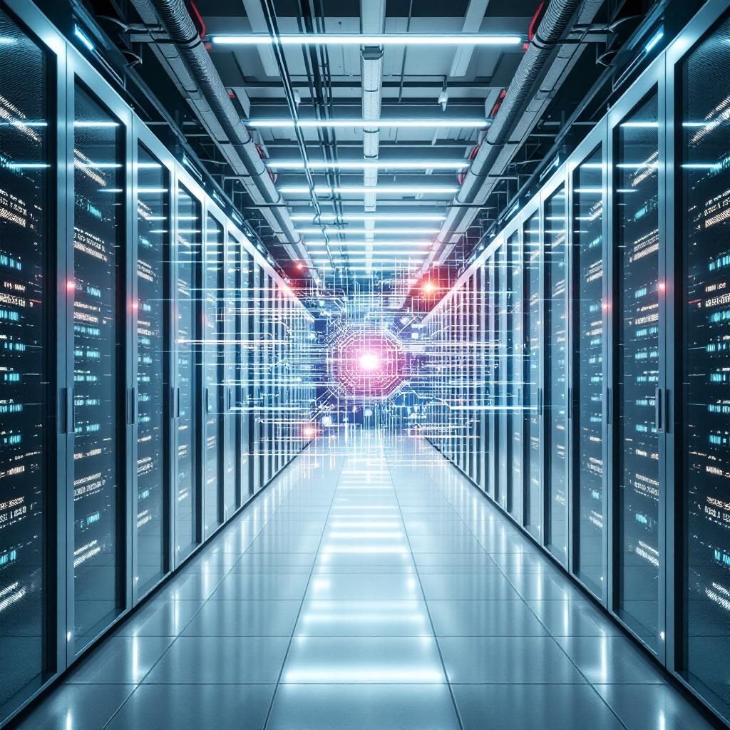 Mit billede viser en nærbillede af en moderne, minimalistisk datacenterfacilitet, hvor en række store, flade serverrack er arrangeret i symmetriske rækker under en blød, blålig belysning. På den ene side er der kabler og kølesystemer, der peger mod de kraftfulde tråde og komponenter, hvilket illustrerer den enorme beregningskraft bag trillion-parameter AI-modeller som Ling-1T. Midt i billedet er en stor, digital skærm, der viser dynamiske visualiseringer af dataflow, grafer og AI-arkitekturer, hvilket symboliserer den avancerede infrastruktur, der muliggør hastighed og effektivitet i diffusion-modeller. Billedets komposition fremhæver både det tekniske og abstrakte aspekt af den moderne AI-drift, hvor fokus ligger på de komplekse netværk og datainfrastrukturer, der arbejder i baggrunden for at drive innovation. Lysindstillingerne, med blåt og grønt skær, skaber en følelse af avanceret teknologi og sikkerhed, hvilket er særligt relevant for den komplekse, globale og datasensitive kontekst, som de nye trillio