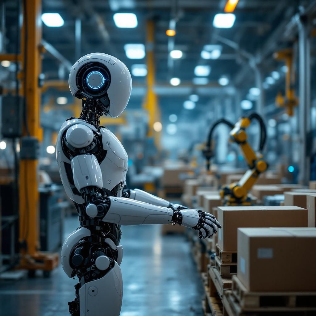 Billedet viser et realistisk og dokumentaristisk nærbillede af en moderne fabriks- eller produktionshal, hvor humanoide robotter er i aktiv brug. I fokus er en robot med menneskelignende proportioner og funktionelle led, der assisterer med logistiske opgaver. Den står foran en række automatiserede transportsystemer, der bevæger sig selvstændigt omrking, og i baggrunden skimtes et industrielt miljø med højteknologiske produktionslinjer og overskuelige data- og overvågningsskærme, der visualiserer robotternes aktivitet og effektivitet. Atmosfæren er præget af en kombination af industrielt lys og bløde LED-lys, hvilket fremhæver den avancerede teknologi samlede i et realistisk, hverdagsbillede. Som symbolik viser dette billede den praktiske integration af robotteknologi i nutidens industrimiljøer, uden at gå på kompromis med en dokumentaristisk, realistisk stil. Det illustrerer, hvordan humanoide robotter begynder at overtage fysiske opgaver, samtidig med at miljøet fremstår genkendeligt for nutidens arbejdspla