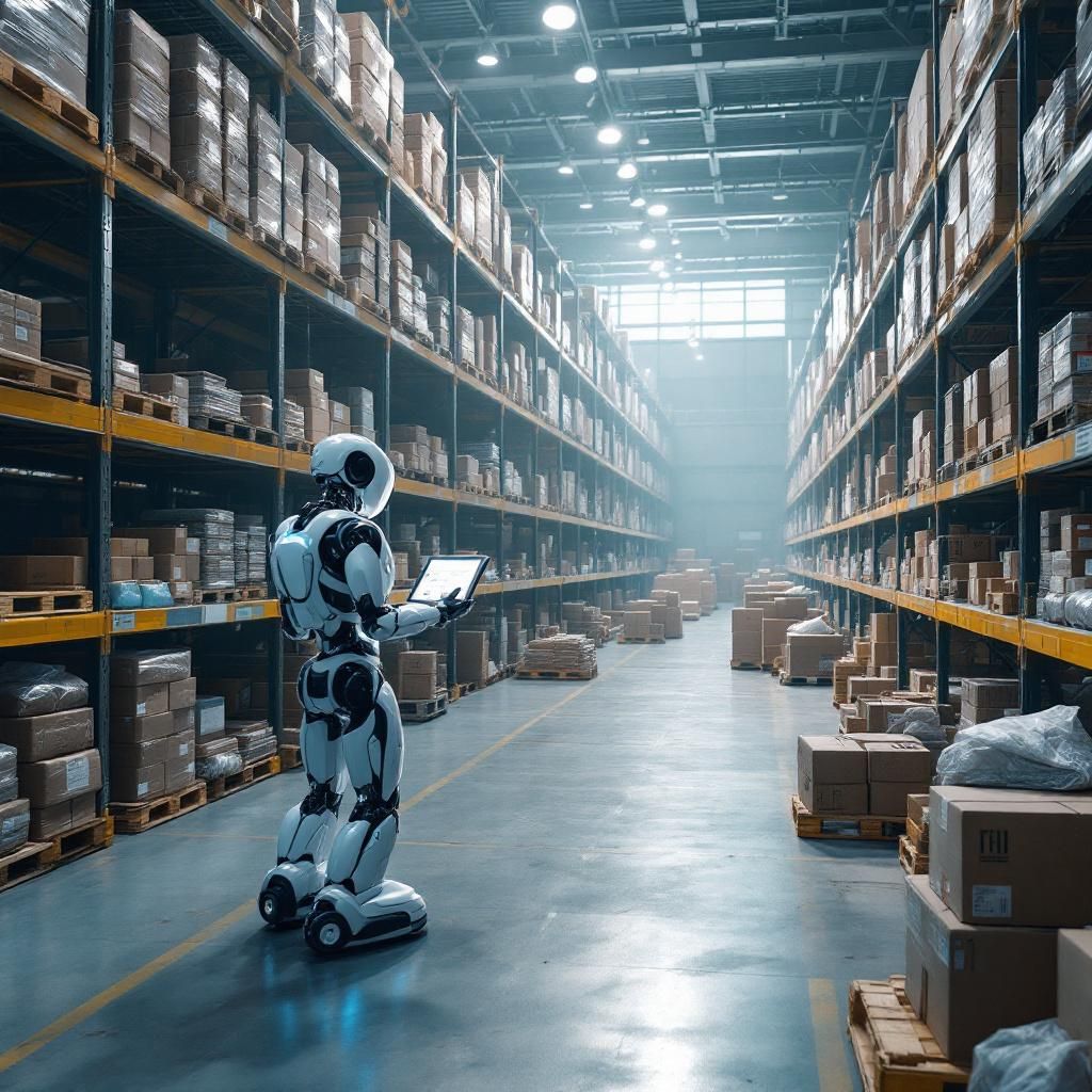 Et realistisk og dokumentaristisk billede, der visualiserer den praktiske anvendelse af humanoide robotter i hverdagen i 2025, kan forestilles som en scene fra en moderne lagerhal eller logistikcenter. I midten er der en slank, menneskelignende robot, designet med bløde, aerodynamiske linjer og subtile LED-lys, der indikerer aktivitet og intelligent styring. Robotten står på et åbent lagerplads, hvor dens bevægelser er præcise og glidende, mens den håndterer pakker med en naturlig, menneskelignende kropsholdning. Omgivet af en kontur af produkter og hylder, illustrerer billedet den konkrete funktion, robotten udfører: transport og sortering, hvilket fremhæver dens relevans i et industrielt miljø. Baggrunden består af et oplyst, åbent miljø med tydelig synlighed til fysiske strukturer og logistiske processer, uden menneskelige figurer – kun robotten i aktion. Naturligt lys, der strømmer ind gennem store vinduer, reflekterer i metalliske overflader og understreger den teknologiske sterilitets og effektivitet. 