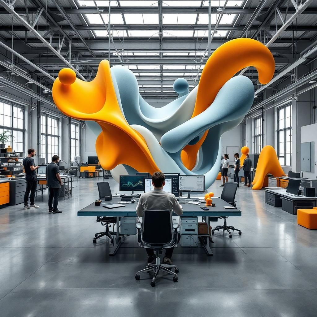 Mit forslag er et dokumentaristisk og realistisk foto, der illustrerer tekstilindustrien og modebranchens forvandling gennem et abstrakt, men sigende billede. Forestil dig en bred vinkeloptagelse af en moderne tekstilfabrik eller designstudie, hvor store stålstrukturer, farverige spoler og moduler af stof flyder i en slags temporær