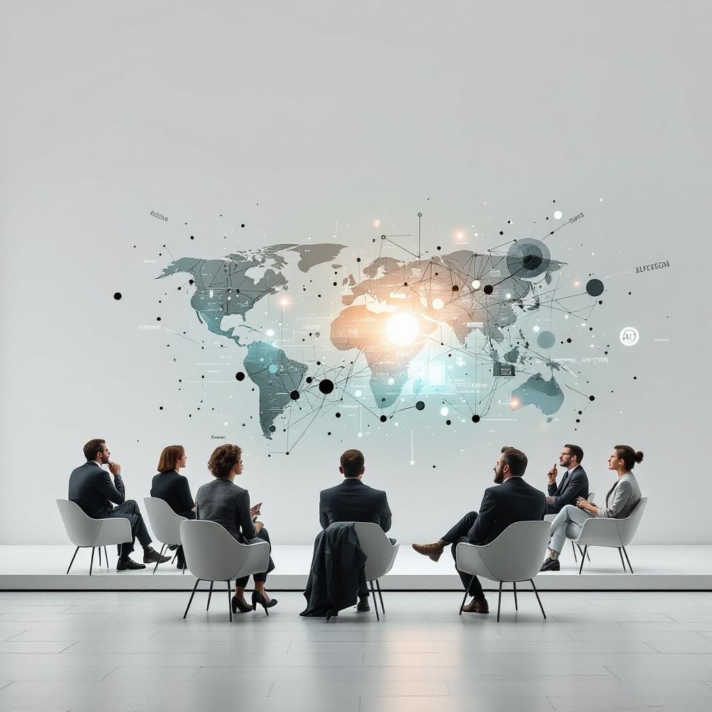 Det mest fængende og spændende billede, der visualiserer emnet om balancedebatten i kunstig intelligens, er et realistisk foto af en moderne teknologi-udstilling. Billedet viser en stor, minimalistisk skærm eller display, hvor abstrakte data- og informationsstrømme vrider sig organisk over og omkring hinanden, som en visualisering af komplekse AI- og datamodeller, der flyder gennem et samfundsnydende miljø. I baggrunden ses en gruppe små, forskellige mennesketyper – forskere, politikere, iværksættere – i diskussion, men de står uden direkte kontakt med skærmen, hvilket antyder, at de er fordybet i tankerne om det potentielle ansvar og de risici, teknologien bringer. Dette symboliserer spændingen mellem innovationens dynamiske kraft og den nødvendige forsigtighed, uden at fokusere på personer ved computere, hvilket understreger det generelle, samfundsmæssige perspektiv. Billedet bruger farvetoner af blå, grå og subtile neon-lys, hvilket skaber en seriøs, dokumentarisk stemning. Det virker som et realistisk, d