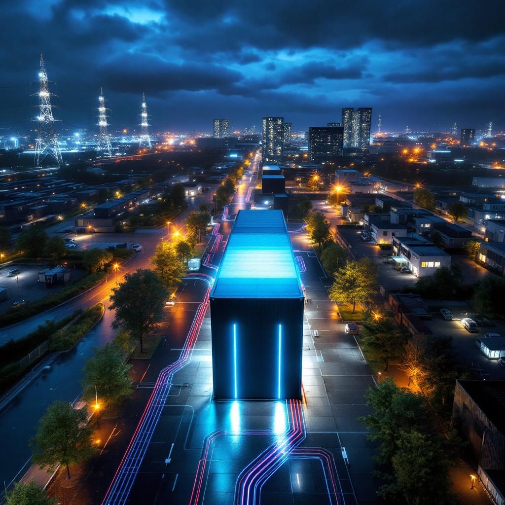 Forestil dig et dokumentaristisk billede af en moderne, industriel datacenterpark, set fra et højdeperspektiv, der viser en næsten uendelig række af store, modulære gasdrevne servere og køleanlæg, der strækker sig over en stor flade. I midten af billedet står en sort, minimalistisk container med markante LED-linjer, der skifter farve i rytme med de blinkende serverlys, hvilket symboliserer den energistrøm, der bryder ind i infrastrukturen. Ovenover hænger et tykt, gennemsigtigt kabellag af strømmenes blå og grønne digitale datastrømmer, der symboliserer den komplekse og potente energistrøm, der driver AI-udviklingen, mens miljømæssige konsekvenser og geopolitik indskriver sig i bilden gennem små, diskrete markeringer af fx boringer i frackning-områder og olieaktige skyer i horisonten. Omgivelserne er præget af en rå, industriel æstetik, der fremhæver kontrasten mellem avanceret teknologi og dens miljøpåvirkning, med en kombination af naturligt lys og industrielle belysningseffekter, hvilket skaber et stærkt v