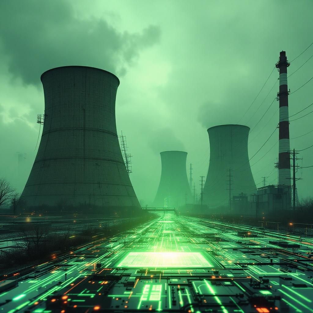 Et symbolsk og dokumentaristisk billede, der vil formidle den komplekse virkelighed af AI’s energiforbrug, kan tage form i en nærbilledeaf en typisk amerikansk gaskraftværks-komplekts teknologi- og energiforbrugsmiljø. Her er kraftværkets gigantiske gasbrændere i fokus, omkranset af tætte røg- og dampstrømme, der stiger op mod en overskyet himmel, præget af en grå, næsten apokalyptisk atmosfære. I forgrunden ligger en digital skjematik, visualiseret på et dystert, fluorescerende kort, som viser energiforbrug, netværksbelastning og CO₂-udledning i realtid, hvilket kontrasterer den hårde, industrielle virkelighed med den hypermoderne teknologi, der afhænger af den. Det er en ægte dokumentarisk scene af en global, begge sider af medaljen, kamp om energikilder for en AI-dreven fremtid. Bag dette kan der skimtes en halvtør og rusten landbrugsjord eller en vandløb, hvor lokale fællesskaber står over for miljøødelæggelse og usikkerheden om skattekronerne, der finansierer den fossile energiforsyning. Det hele afspe