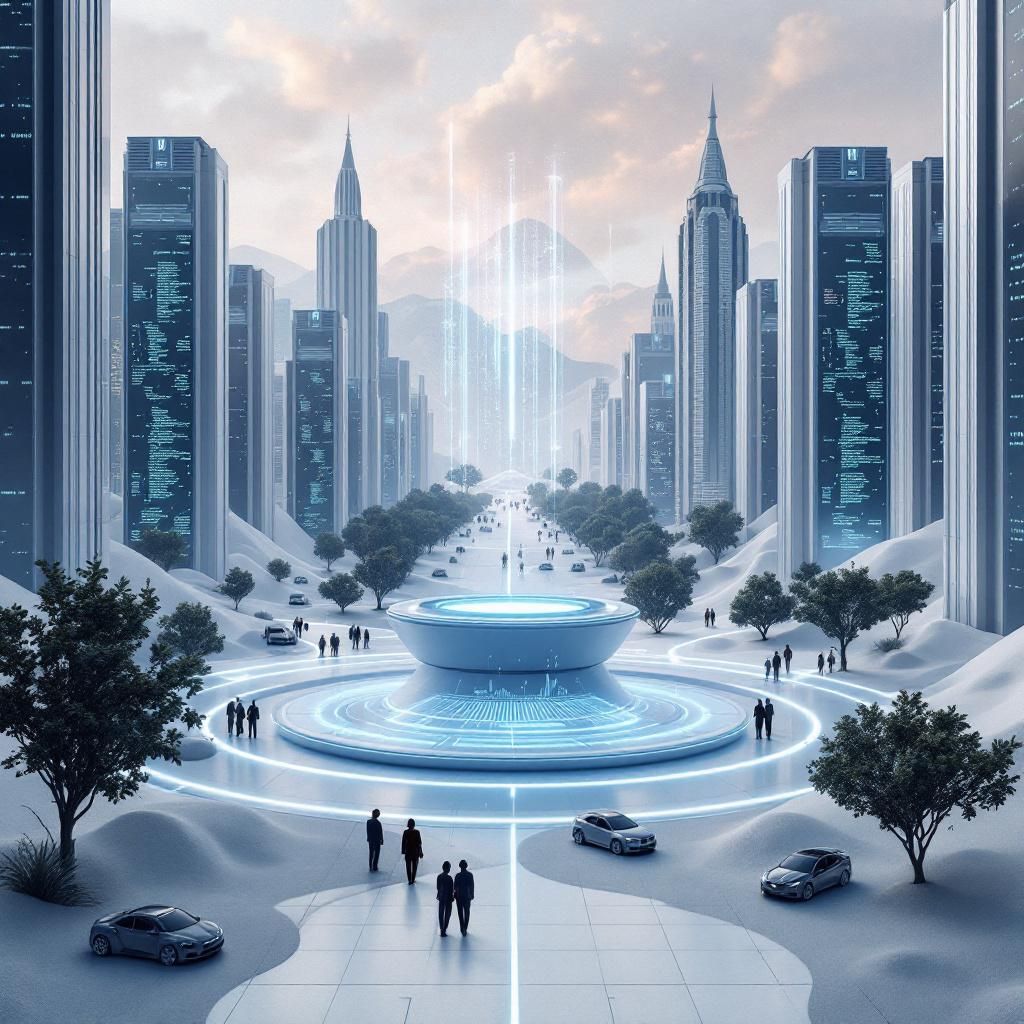 Forestil dig en realistisk og dokumentaristisk scene, der absorberer den komplekse konflikt omkring AI-sikkerhedens etiske og tekniske dimensioner i Silicon Valley. På et stort åbent feltdesign, hvor man ser en moderne, urban baggrund med skyskrabere i blødt fokus, står en samling af objekter, der symboliserer den aktuelle debat: en gruppe af digitale skærme, der viser forskellige data, grafer og delvist gennemsigtige kodeuddrag, spreder sig som abstrakte lærreder. Midt i scenen står en cirkelformet, futuristisk men funktionelt udseende server- eller datainfrastruktur, med LED-lys, der blidt skifter farve for at visualisere løbende overvågning og risikostyring. Rundt om står små, forskellige elementer som en adgangskontrolboks med nøglekode, en frosset timeglas og en balanceret vægt — alle symboler på de balanceakt, der skal til for at beskytte data, regulere innovation og undgå manipulation. Lyset er dæmpet med bløde nuancer, krypteringssymboler og datamønstre folder sig ud i baggrunden som en subtil, men k