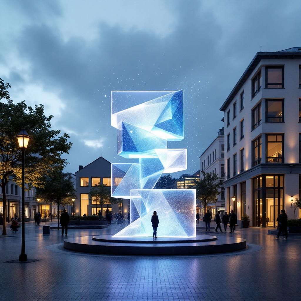 Forestil dig et nærbillede af en moderne, urban gade under skumring, hvor en minimalistisk, elegant skulptur står centralt i et åbent område. Skulpturen består af flere transparente lag, der er delvist oplyst af bløde, dynamiske LED-lamper, som skifter subtilt i farver. Over skulpturen svæver små, fængende datamønstre i form af flydende, svævende fragmenter—visualiseringer af AI-manipulationens abstrakte kompleksitet—der langsomt ændrer form og farve, som om de er i konstant bevægelse. I den bagvedliggende bydel, ud over gaden, kan ses skygger af mennesker i bevægelse, men deres ansigter er ukendte, og deres aktiviteter er udbredte og tilfældige, hvilket skaber en følelse af anonymitet og usikkerhed—synonyme med den digitale tidsalders kamp med misinformation. Lysreflektionen på det glansfulde betonoverflade understreger dualiteten mellem den moderne teknologi og den sproglige usikkerhed, den kan skabe i offentligheden — et visuelt udtryk for den komplekse kamp mellem sandhed og manipulation i nutidens samf