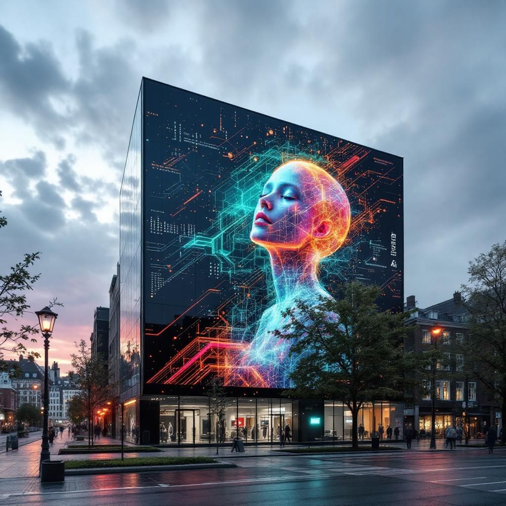 Mit foreslåede billede er et dokumentaristisk, realistisk foto af en moderne, indre bygningsfacade, hvor en stor digital skærm er strategisk placeret udenfor. Skærmen fungerer som en levende plakat, der skildrer en abstrakt, farverig data- og algoritme-strøm, der flyder som en kontinuerlig, kompleks visualisering af AIs indflydelse på webudvikling. Dette skulle symbolisere
