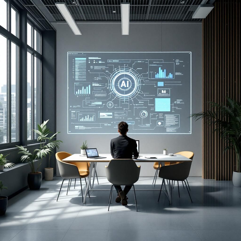 Billedet er en dokumentaristisk, realistisk repræsentation af en moderne dansk kommune eller en offentlig organisation, der aktivt bruger AI til webudvikling. Foretrukket er en visuel symbolik, hvor en stor, transparent skærm eller en digital tavle i et offentligt kontor eller et åben miljø viser komplekse bruger- og datamønstre, grafer og flow-diagrammer, der illustrerer AI’s indflydelse på moderne webudvikling. Rummet er minimalistisk med lyse, rene linjer, hvilket understreger professionalisme og fremtidssikring, mens bløde naturlige nuancer og økologiske elementer, som planter eller træværk, viser balancen mellem teknologi og menneskelig omsorg i det danske samfund. Selve scenen er uden mennesker, hvilket fremhæver teknologien som det centrale emne. Et stort, digitalt panel eller en skærm viser dynamiske visualiseringer af automatiseret kodegenerering, personalisering og tilgængelighedsforbedringer, hvilket symboliserer AI’s rolle i at forbedre digitale offentlige tjenester. På bordet eller i rummet kan