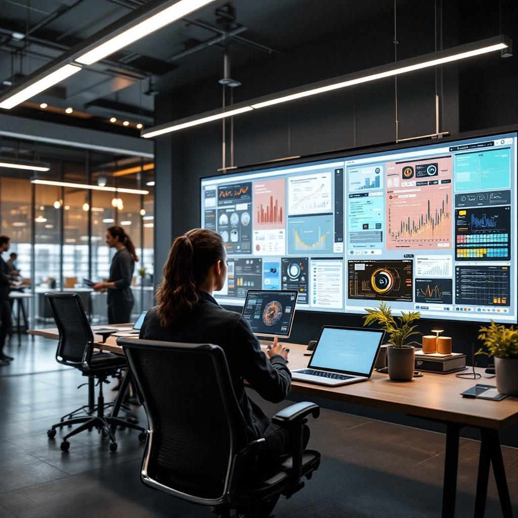 Det mest fængende og dokumentaristiske billede, der illustrerer effekten af AI-teknologi i nutidens miljø, kan forestilles som en realistisk scene i en virksomhed, hvor avanceret AI-automation har transformeret arbejdsgangene. Forestil dig et moderne, åbent kontormiljø uden mennesker foran computere, men med flere integrerede skærme og digitale displays, der viser real-time data, workflow-visualiseringer og automatiserede processer. Disse data viser tydeligt, hvordan AI hjælper med at optimere logistik, ressourcefordeling eller juridisk dokumenthåndtering, hvilket symboliserer en teknologisk transformation, uden at fokusere på menneskelige personer. Lyset er blødt, med naturlig belysning, der reflekterer de rene linjer og subtile LED-lysstriber i det futuristiske, men virkelighedsnære miljø — intet sci-fi, kun hverdagsrealisme i en AI-drevet verden, hvor teknologien arbejder i baggrunden for samfundets daglige funktioner.