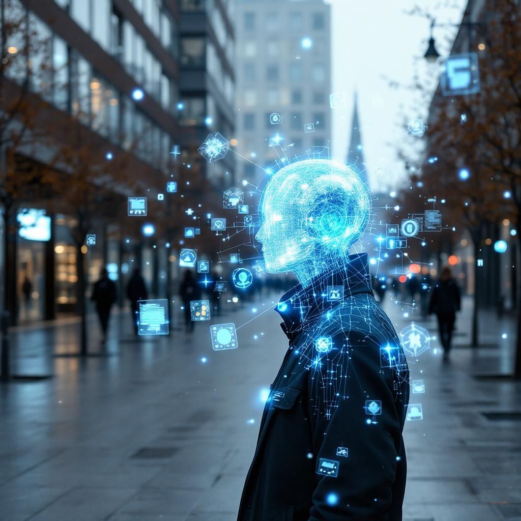Jeg vil skabe et dybt dokumentaristisk, realistisk foto, der visualiserer den komplekse og abstrakte virkelighed, hvor AI-teknologi integreres i offentlige miljøer. Billedet vil vise en moderne, minimalistisk urban plads—f.eks. en bypark eller et moderne offentligt bibliotek—hvor en person uden synligt teknologi, måske en offentlig arbejder eller borger, er omgivet af transparente, flydende datavisualiseringer i form af hologram-agtige elementer, der flyder i luftbulsformation over deres synsfelt. Disse visualiseringer repræsenterer dataindsamling, beslutningsprocesser og AIs rolle i samfundet, men skal virke naturligt og ikke clichepræget. Lukket med miljøvenlige, funktionelle elementer og naturlige omgivelser, understreges ideen om, hvordan teknologi er blevet en naturlig del af hverdagen i offentlige rum uden at trænge for meget ind i personernes privatliv – blot som en aktiv, realistisk indretning. Billedet vil fokusere på at formidle teknologiens integrerede, men diskrete, rolle i samfundet og fremtiden