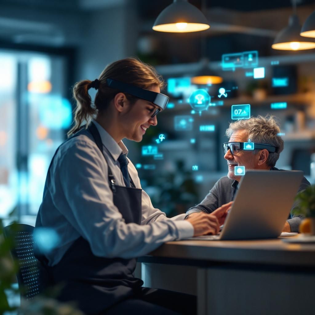 Jeg vil skabe et foto, der visuelt repræsenterer den dokumentaristiske virkelighed, hvor AI-smartglasses forenkler og effektiviserer offentlige arbejdsgange. Billedet viser en typisk travl offentlig serviceinstitution, måske en borgerservice, hvor en socialarbejder har på sig et let, moderne par AI-smartglasses, mens han eller hun interagerer med en borger – uden at fokusere på personen, men snarere på den teknologiske interaktion. Bagved er der skarpe, tydelige visuelle elementer som datastrømme og symboler for datasikkerhed, der flyder fra brillernes display, hvilket illustrerer, hvordan teknologien understøtter arbejdsgange bag kulissen. Miljøet er naturligt, realistisk og inddrager både det fysiske miljø og den virtuelle dataflyt, hvilket skaber en autentisk følelse af, hvordan AI-teknologi anvendes i praksis.