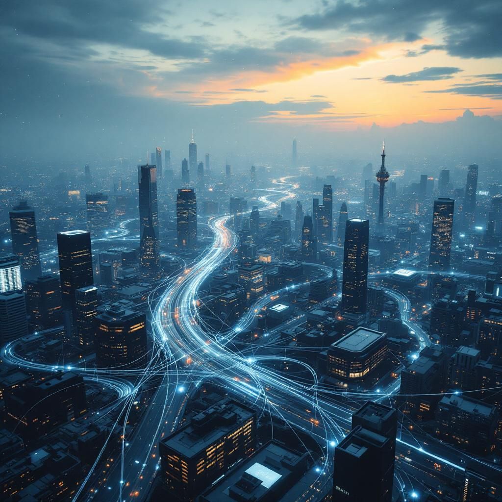 Det mest fængende og spændende billede baseret på artiklens centrale tema er en abstrakt, men realistisk repræsentation af dataflows, informationsstrømme og AI-interaktioner i et moderne miljø. Forestil dig en dynamisk scene, hvor millioner af digitale linjer – indikationer af data — flyder som farverige stråler gennem et enormt, åbent netværkssystem, der er integreret i en stor, futuristisk bys infrastruktur. Disse data strømmes som elegante, flydende former, der forbinder objekter i byen—bygninger, transportmidler og stræder—alt sammen uden at inkludere mennesker, men symboliserer den omfattende og komplekse informationsudveksling, der understøtter det moderne digitale samfund. Lyset i scenen spiller på kryds og tværs med varme nuancer, der afspejler teknologien’s kraft og dens potentiale til at ændre vores hverdag, især med fokus på AI’s rolle i at genopfinde interaktion og adgang til information. Farvekombinationerne er subtile og sofistikerede, med neonagtige blå, grønne og gule nuancer, der kontrastere